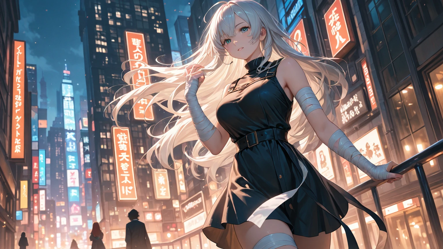 masterpiece,best quality,8k,dark theme,(colorful:1.1),1girl,shoulder cutout,backless outfit,(finely detailed beautiful eyes and detailed face:1.1),white hair,solo,smile,cloudy_sky,day,wind,cityscape,neon light,after rain,short dress,cinematic lighting