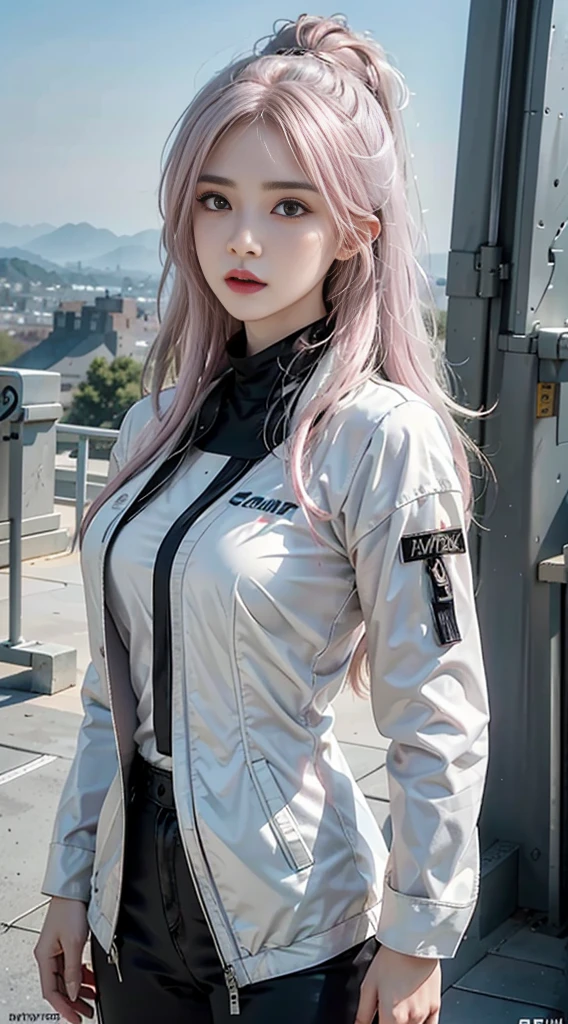 Best quality,A masterpiece of women with rich details，Clear semi-realistic image，The main body is most of the body，18-year-old young woman with long pink hair and bangs，Wearing a pink-purple flight suit with black accessories，stand-up collared shirt，Sharp facial features，Brown eyes，There is hair between the eyes，The body has a fluorescent long coating，There is shattered glass around，The background is a cold scene of the grassland，Show a sense of authority and power in a serious accident，The overall image is beautiful。