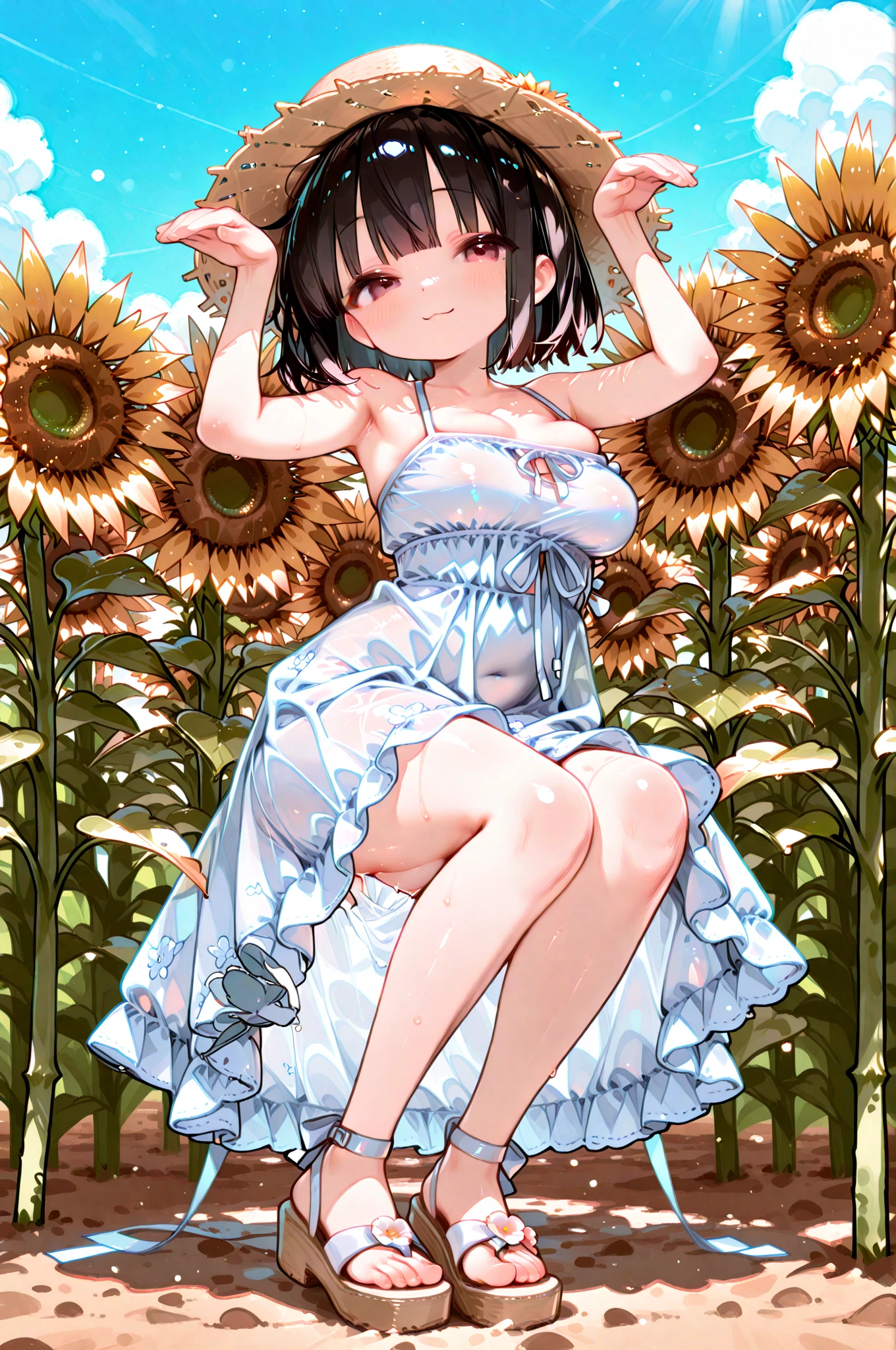 Re:Zero's Rem、light blue hair、short hair、table top、High resolution、many girls multiple girls、large crowd、lots of cute girls、big and full breasts、naughty body、See-through、throw、、whole body、Are standing、Look up at me、confused face、blush、embarrassing、Excited、white breath、black pantyhose、female shape'Private parts are clearly visible、I can see your nipples、white skirt、micro mini skirt、very short skirt、Many people々々々々々、in the crowd、裸chest of、show your chest、Upper grade、A lot of milk comes out from the nipples、Breast milk gushes from the nipple、publish one'chest of、show your chest、Naked things'chest of、straw hat、white dress、sunflower field、bangs that cover one eye、pink hairpin、white sandals、barefoot、barefoot