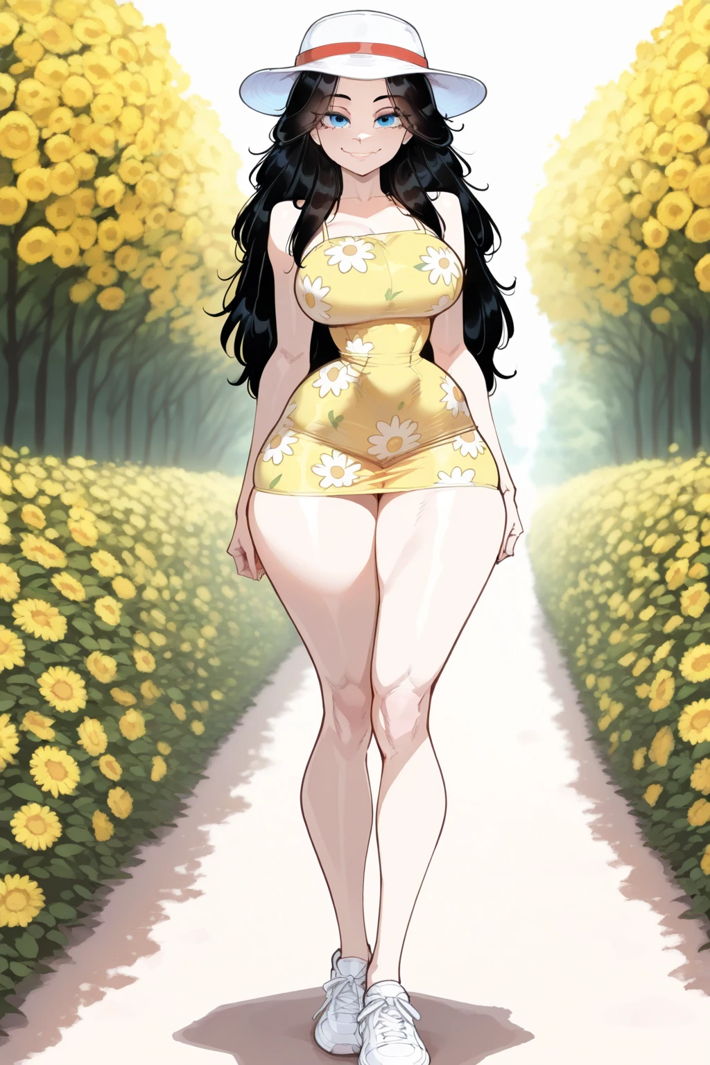 full body, solo, 1girl, looking to the side, smile, blush, large breasts, green crop top, backlighting, Saponaria \(flower\), floral background <lora:hxD_style_v01:1>