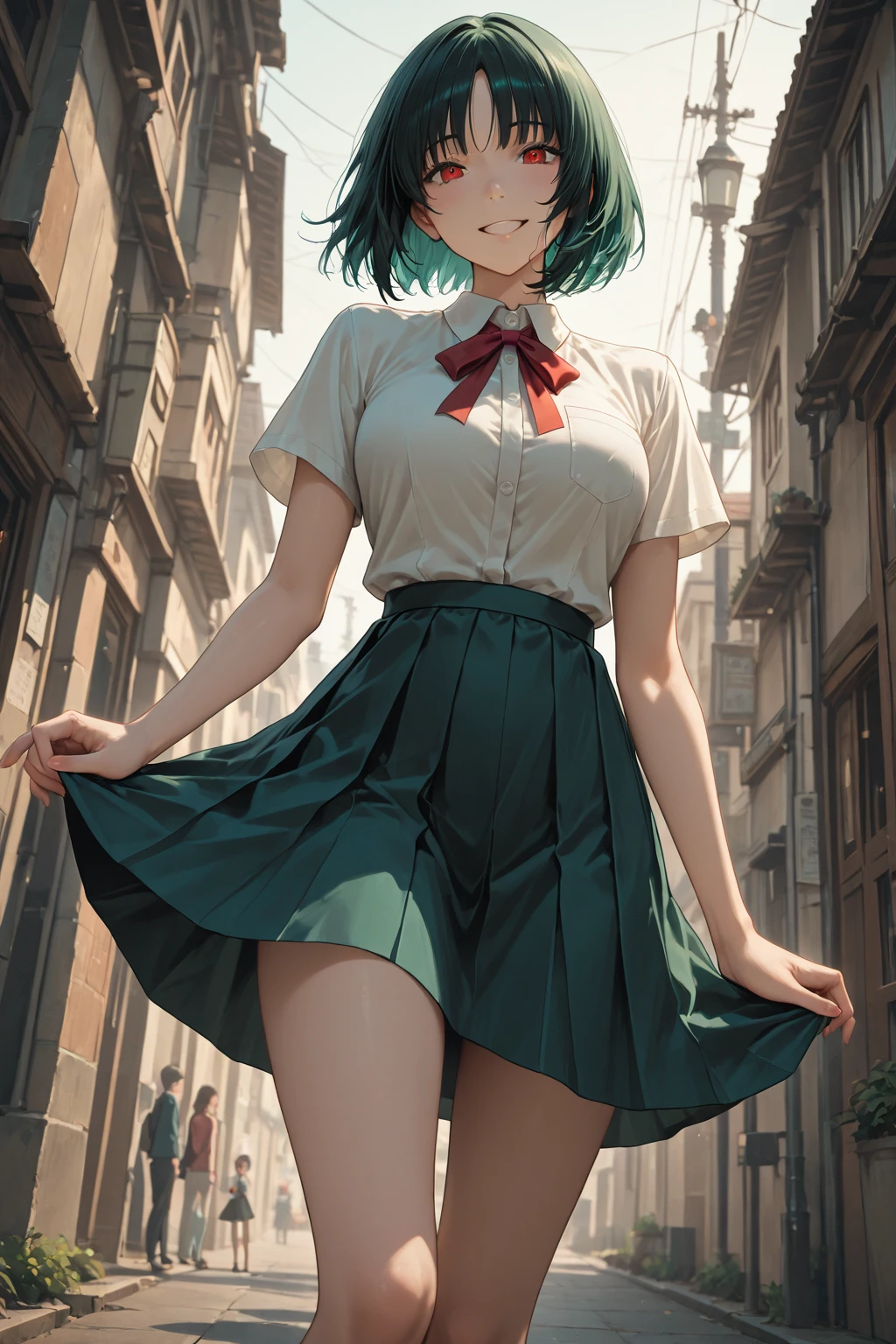 highest quality、ultra high resolution、Professional specifications、green hair,green eyes、embarrassing、(collar),(lead)、((elementary school girl))、((flat chest))、medium hair、((The outline shines))、((stand with hands on hips:1.5))、((From under her feet:1.8))、small ass、((white panties))、school classroom、((10 years old))、lolicon、(((spread your legs wide open)))、turned up skirt、panties close up、pink and white dress、Children's wear、red ribbon、(((Transparent)))、cat emphasis、open your mouth、彼女はパンティを見られるのがembarrassing、The man put hiface inside her skirt and kissed her pussy.、Although she was very shy, she shook her hips and was happy..、when his mouth sucked on my clit、she felt so good、I leaked pee.、She accepted the pleasure and rubbed her crotch against the man.'face.