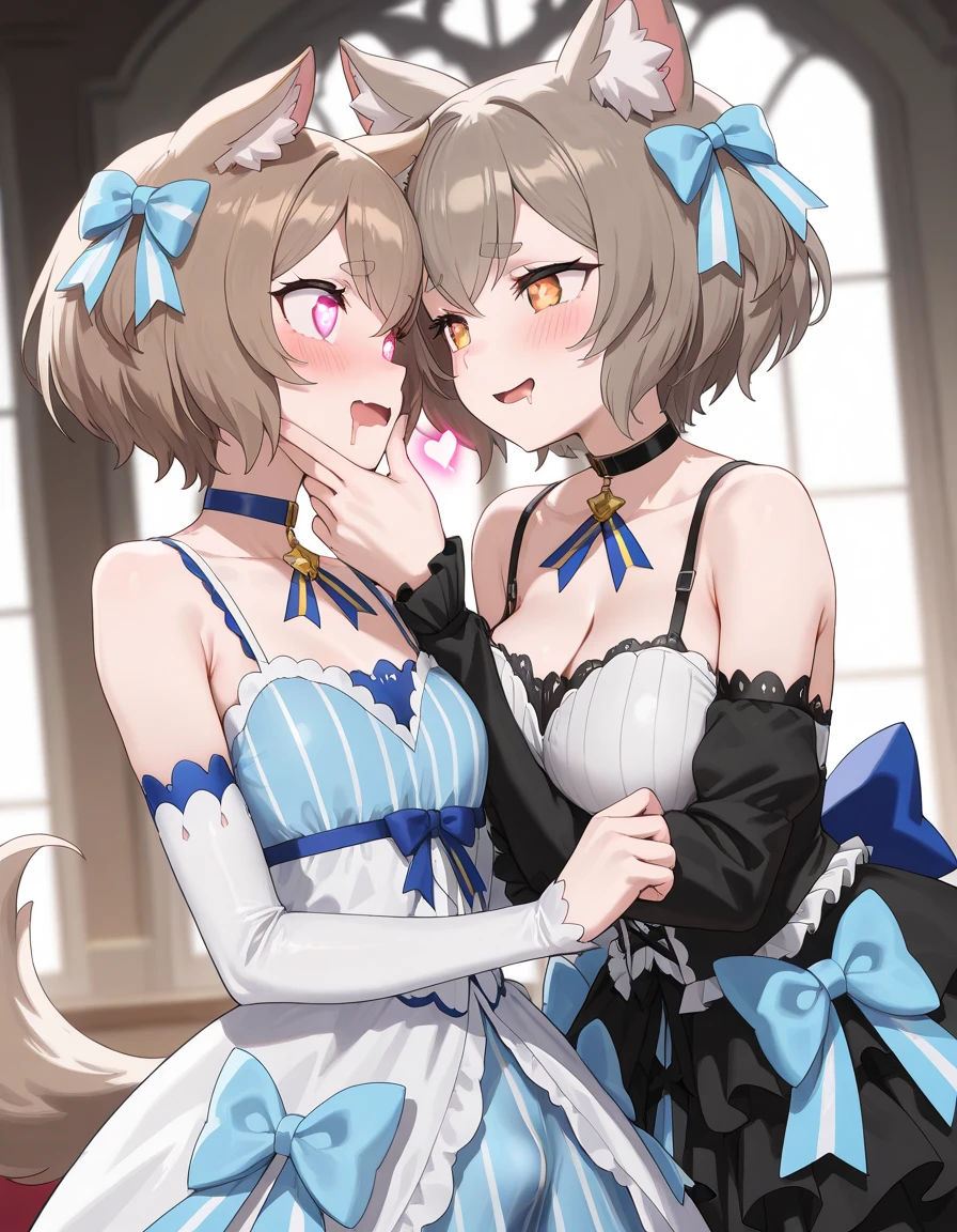 (two heads), 1girl, smiley face, grin, light pink hair, blonde hair, cute dress, black straps, short skirt, black tights, (wide hips), (thick thighs), black nail polish, body, (short stack:1.1), (pointing at viewer), pov, masterpiece, high quality, absurdres, white background