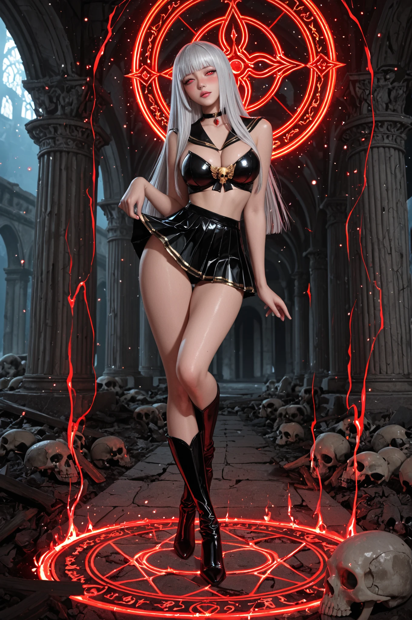 anime 4k a beautiful girl in a black cloak, a black hood, against the backdrop of the dark kingdom of evil and around the girl there are two skeleton guards
A girl with red eyes and a thoughtful smile in stockings with garters in her hands, she has a large braid - her weapon has a little bit of on the sharp end