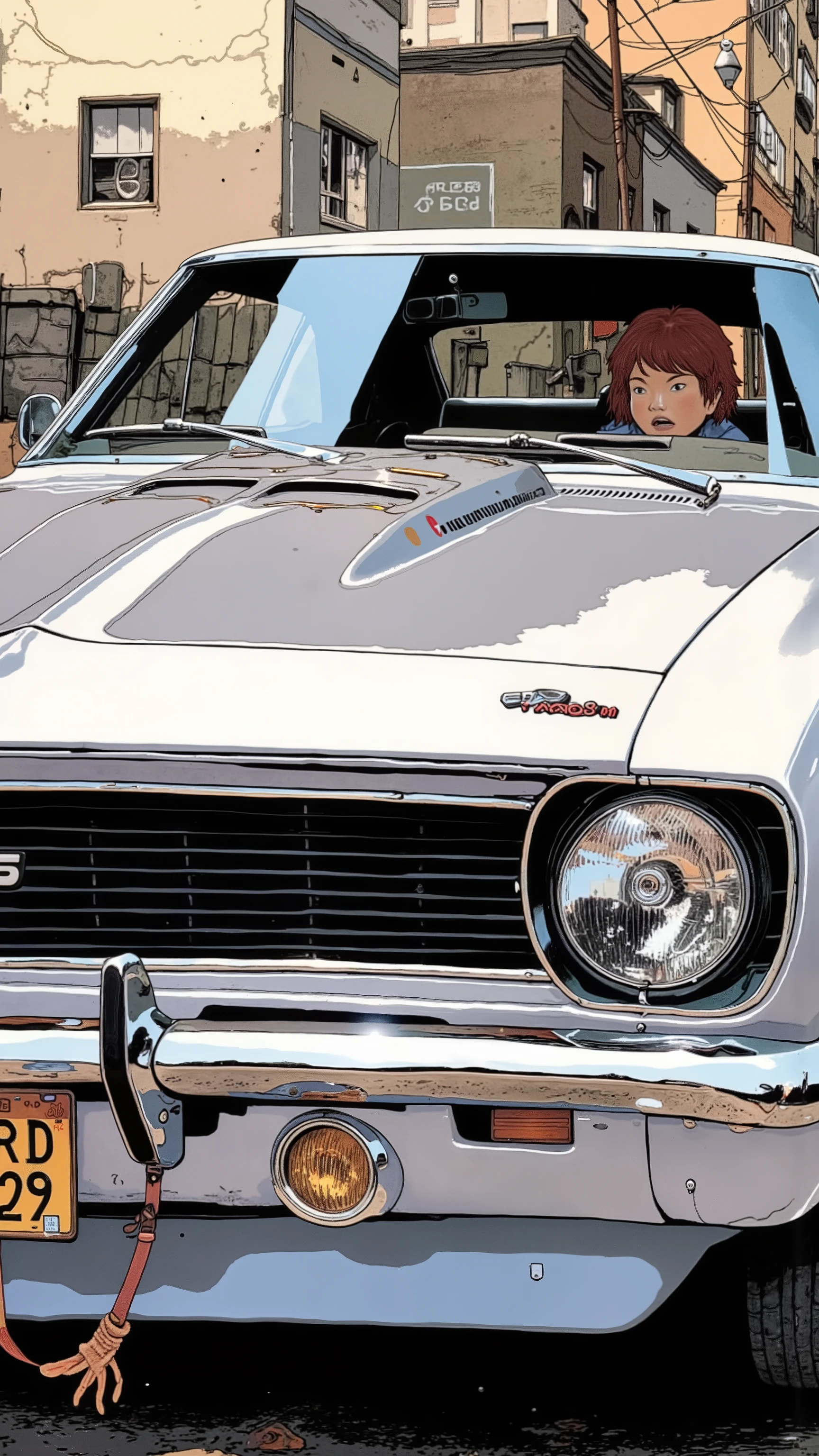 Sleek Design, Equipment, is reminiscent of the Chevrolet Camaro RS, of fog lights. car, sense of speed on that front grille, fog lights depicts, Strong presence. Manga-specific, Vintage Chevrolet Camaro RS, expresses the thrill and anxiety, chrome decoration, クラシックな自動carデザインを物語っている. an Illinois license plate "BRD 529." Superior, bold text "VROOOM" along with those keys. car内ビューには 2 人のキャラクターが描かれている, seat belts with dynamic lines that accentuate the front to evoke the roar of the engine, screaming "amazing!!" in excitement. passenger, a young woman with bright hair, broom, Arouse the roar of the engine, A key sound that seems surprising Shelby holding. 下のシーンは回転するcar輪に焦点を当てている, Deviation という音とともに "Deviation ". This image、captures the, excitement, Nostalgic charm , The manga-specific.