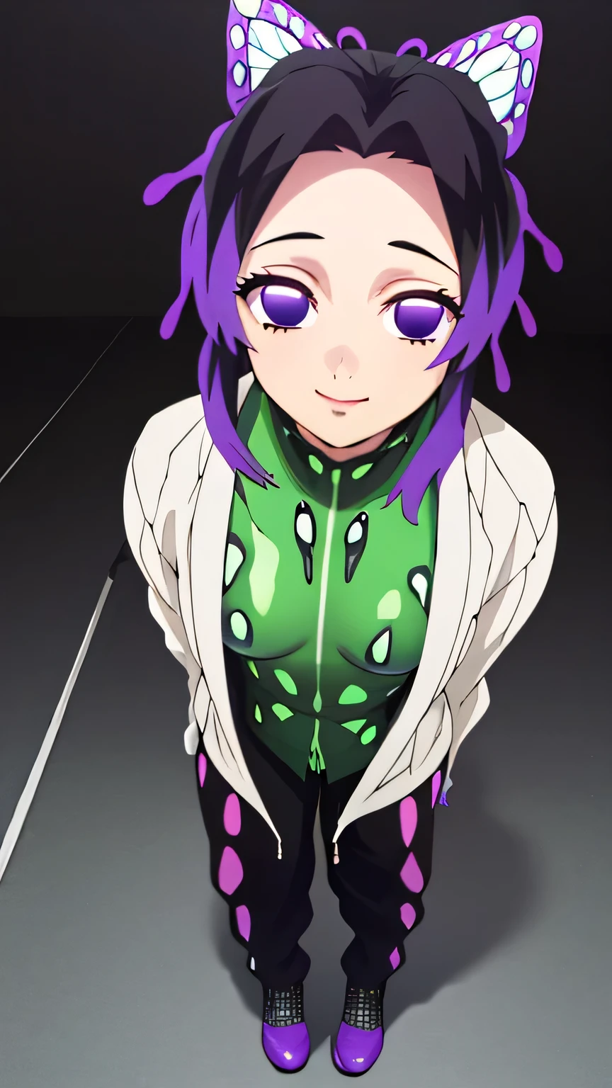 (masterpiece, best quality, high resolution, 8k:1.2), (anime coloring:1.2), 1girl, high resolution, unity 8k wallpaper, (beautiful detailed eyes:1.2), extremely detailed face, perfect lighting, extremely detailed CG, beautiful eyes, perfect eyes, detailed eyes, distinctive big highlights, symmetrical eyes, Purple Hair, Short Hair, (((large butterfly hair clip))), Pretty Parted bangs, purple eyes, narrow eyes, (slime), (small medium breasts:1.2), (half smile),
nffsw, (boyish fashion, pants), (dutch angle), looking at the viewer, (full body:1.2),
