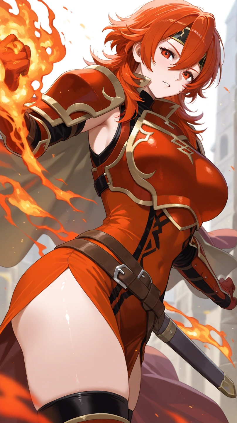 Pyromancer queen, 1girl, Long braided hair, volcano hairband ornament, well endowed animated style, wide hips, perfect face, redhead hair color, (fully naked, completely naked, flames), evil grin, volcano bracers, jewelry, ice ornate necklace, collarbone, anatomy, symmetrical body paint tattoo, action pose, battle stance, prfm style, double eyelid, smile, holding a Fireball