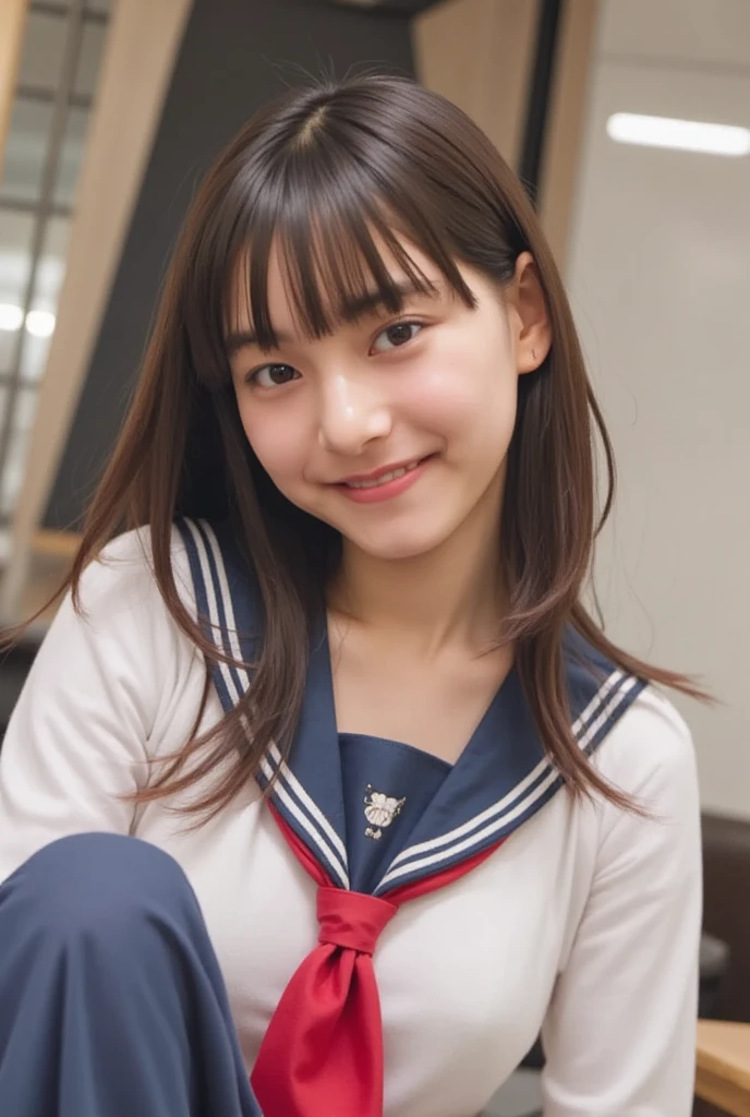 ((highest quality, 8K, masterpece :1.4,anime)), highest real,Sharpness:1.3, Perfect Body Beauty:1.4,perfect description:1.3,super detailed face and skin texture,((super real,best quality)),(soft lighting),super detailed face, fine eyes, double eyelid,pov,(((1 girl))),((make eye contact with the audience)),((Composition from the behind:1.2)),fine detail,highly detailed face and eyes, (cute face:1.6),((only two arms,only five fingers,perfect hands))----☆--- .((NSFW:1.5)), my sister,18years old,(Beautiful brown hair:1.2,long hair,CUTE HAIR STYLE), (huge breasts :1.8,beautiful areola,small areola), (SMILE FACE:1.4),pov,1 boy,(close up face:1.1,UPPER BODY:1.1),--☆--(Inside the room, bright room, large windows, sunlight shines in)school uniform,sailor suit,RED RIBBON TIE,she is wearing an white shirt,RED SKIRT,Red and white check pattern,((crawl on all fours on the bed:1.4,on all fours on the bed:1.4))