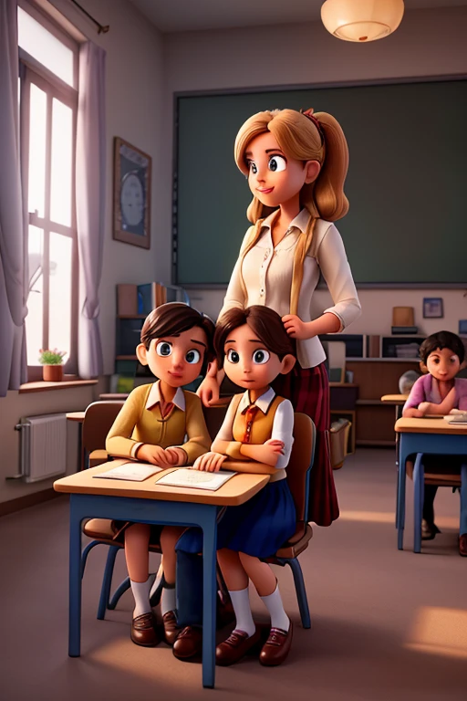 Teacher with huge breasts in a pink  teaching her children in kindergarten