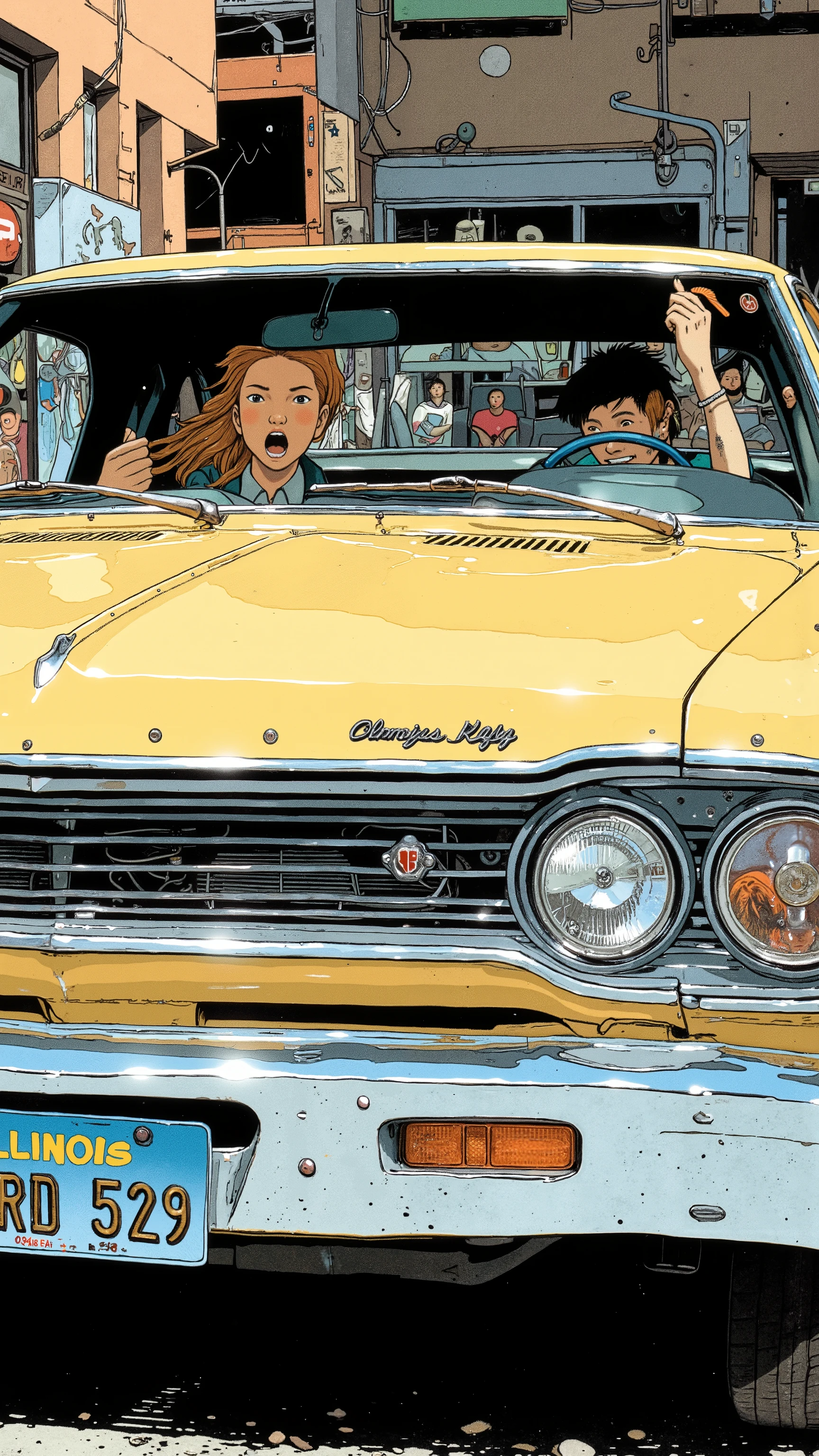 Sleek Design, Equipment, Reminiscent of the Plymouth GTX, of fog lights. car, sense of speed on that front grille, fog lights depicts, Strong presence. Manga-specific, Vintage Plymouth GTX、 expresses the thrill and anxiety, chrome decoration, クラシックな自動carデザインを物語っている. an Illinois license plate "BRD 529." Superior, bold text "VROOOM" along with those keys. car内ビューには 2 人のキャラクターが描かれている, seat belts with dynamic lines that accentuate the front to evoke the roar of the engine, screaming "amazing!!" in excitement. passenger, a young woman with bright hair, broom, Arouse the roar of the engine, A key sound that seems surprising Shelby holding. 下のシーンは回転するcar輪に焦点を当てている, Deviation という音とともに "Deviation ". This image、captures the, excitement, Nostalgic charm , The manga-specific.