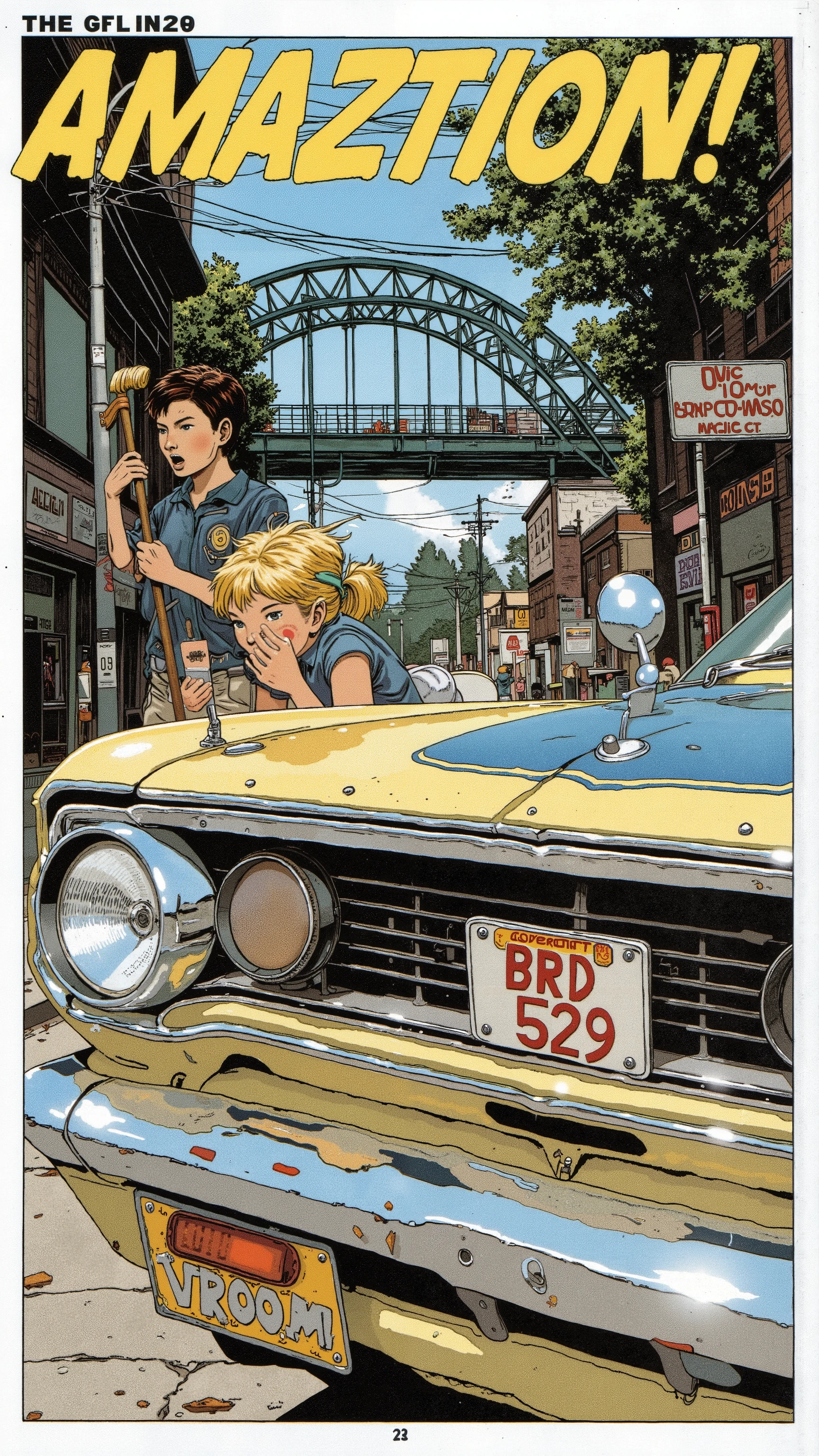 Sleek Design, Equipment, Reminiscent of the Plymouth GTX, of fog lights. car, sense of speed on that front grille, fog lights depicts, Strong presence. Manga-specific, Vintage Plymouth GTX、 expresses the thrill and anxiety, chrome decoration, クラシックな自動carデザインを物語っている. an Illinois license plate "BRD 529." Superior, bold text "VROOOM" along with those keys. car内ビューには 2 人のキャラクターが描かれている, seat belts with dynamic lines that accentuate the front to evoke the roar of the engine, screaming "amazing!!" in excitement. passenger, a young woman with bright hair, broom, Arouse the roar of the engine, A key sound that seems surprising Shelby holding. 下のシーンは回転するcar輪に焦点を当てている, Deviation という音とともに "Deviation ". This image、captures the, excitement, Nostalgic charm , The manga-specific.