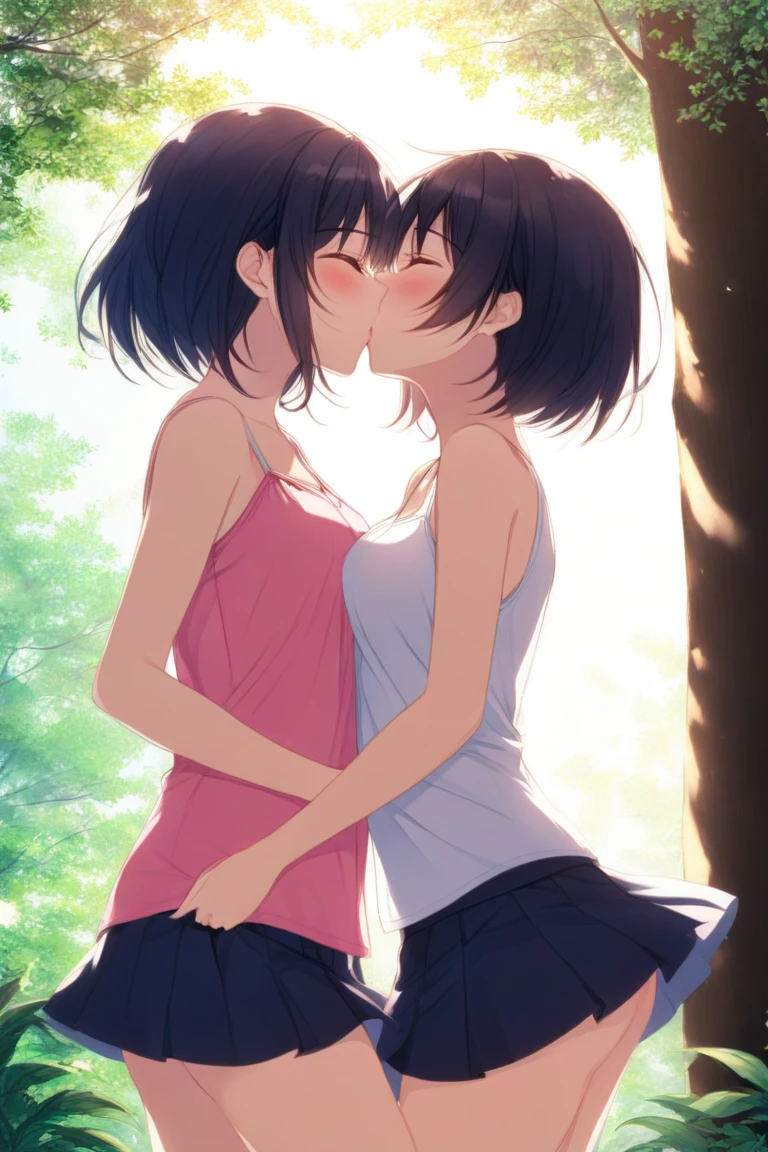 A cute girl kiss with short skirt on bed