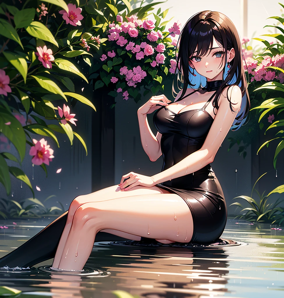 highr， Best quality at best， 1 girl solo， kamisato_ayaka， sitted， from the above， looking at viewert， Light smile， wading， Wet hair， natta， pool-side， Japan Onsen Big Tits，tmasterpiece， Best quality at best， the wallpaper