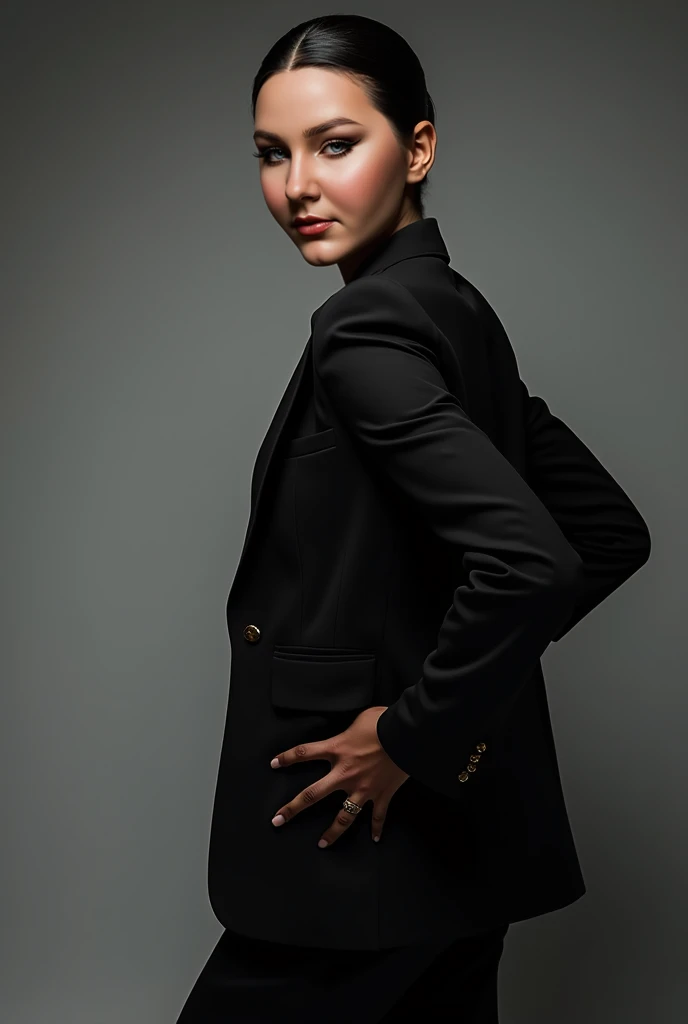 Realistic 3D caricature Indonesian women aged 35 years old, wearing black blazer, wearing hijab, formal trousers, loafers, standing with arms crossed, grey gradient background, oil painting