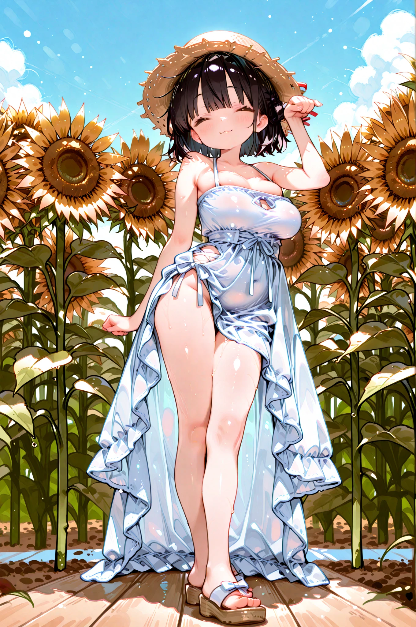 Re:Zero's Rem、light blue hair、short hair、table top、High resolution、many girls multiple girls、large crowd、lots of cute girls、big and full breasts、naughty body、See-through、throw、whole body、Are standing、confused face、blush、embarrassing、I'panicking、The shape of a woman's private parts is clearly visible、I can see your nipples、white skirt、micro mini skirt、very short skirt、Many people々、in the crowd、bare chest、show your chest、Upper grade、A lot of milk comes out from the nipples、Breast milk gushes from the nipple、show your chest、bare chest、straw hat、white dress、sunflower field、bangs that cover one eye、pink hairpin、white sandals、holding a bag of condoms