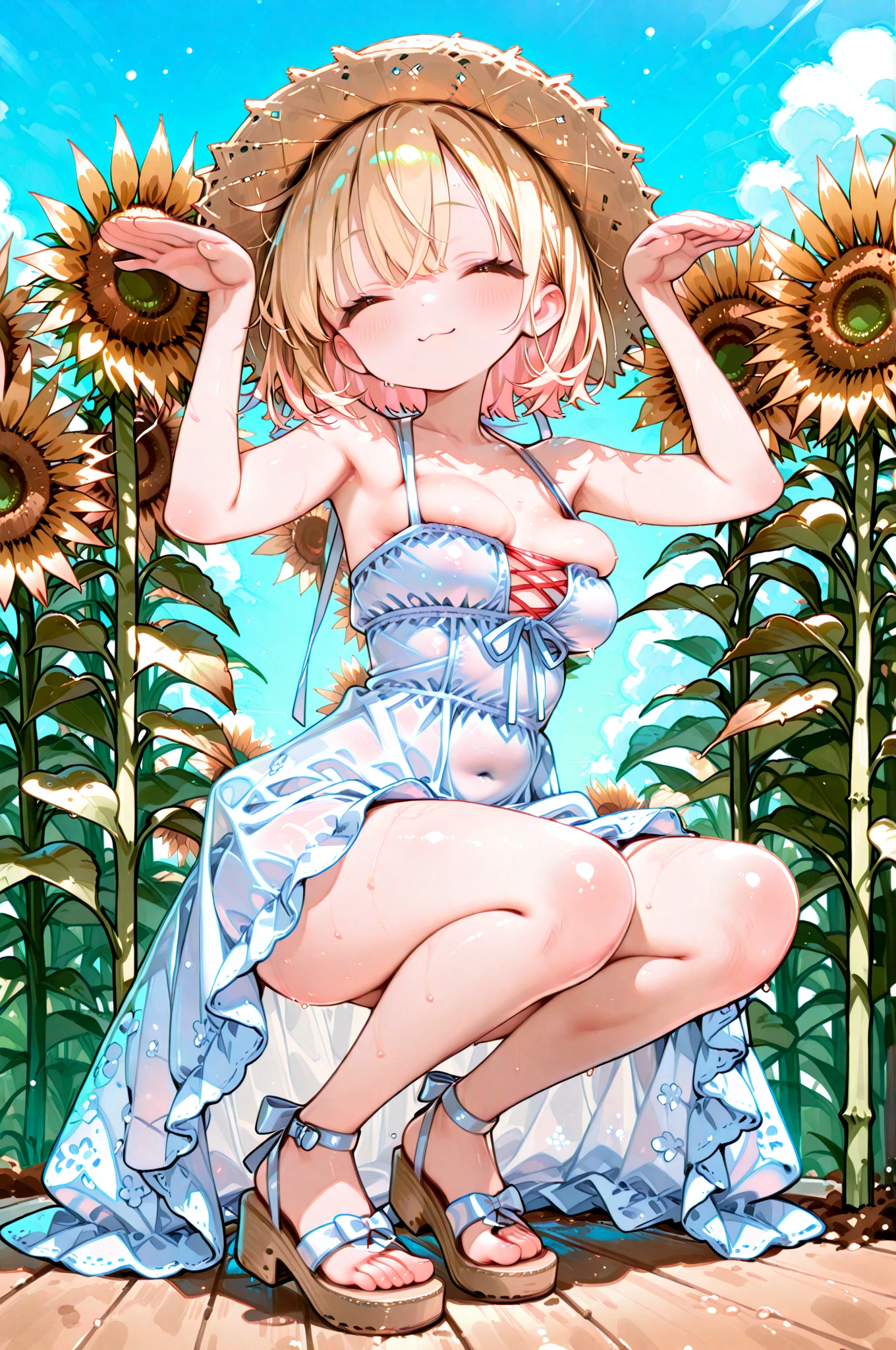 naked, nude, vagina, lolita, outside, flat chest, fifteen years old, open mouth, happy, smiling, sunny, happy, bright sunlight, grass, from below, masterpiece, best quality