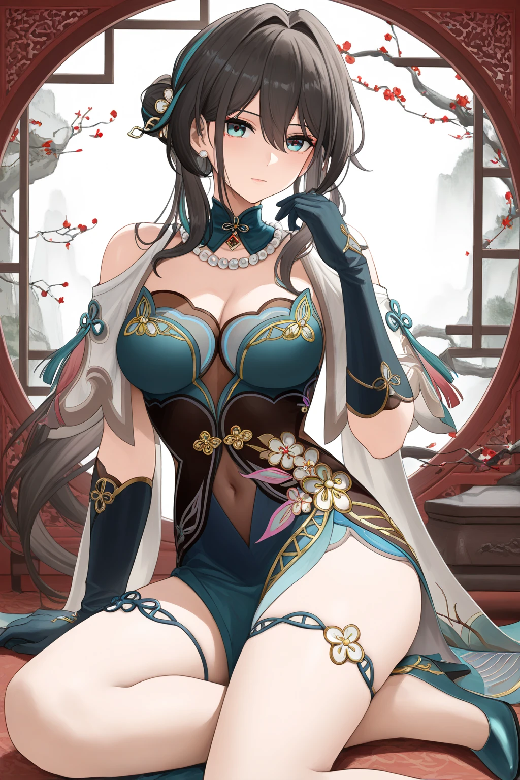1girl, RuanMei, breasts, dress, hair_ornament, solo, black_hair, bare_shoulders, blue_eyes, long_hair, smile, looking_at_viewer, hair_between_eyes, hair_intakes, hair_bun, side_bun, hair_stick, medium_breasts, blue_dress, blush, cleavage, bangs, chinese_clothes, china_dress, gloves, open_mouth, flower, large_breasts <lora:chara_RuanMeiNT4:1>