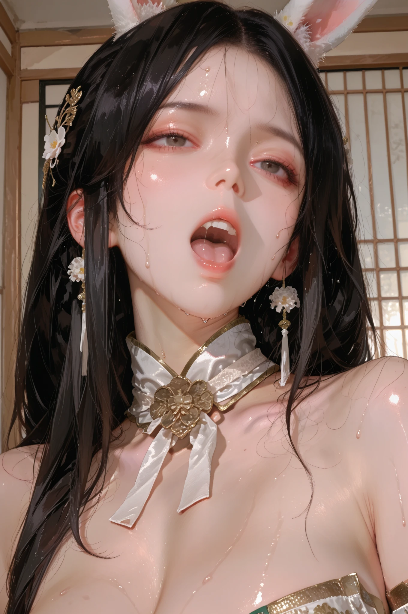 8k, 1 girl, alone, The perfect beauty, nudity, (pale white skin:1.45), tall, Long thighs, perfect body, transparent and red nipples, swollen areola, perfect face, intense gaze, strong desire for sex, Naughty atmosphere, deep blush, stockings, black hair, light pink lips, glass lips, mole under mouth, (음모:1.4)