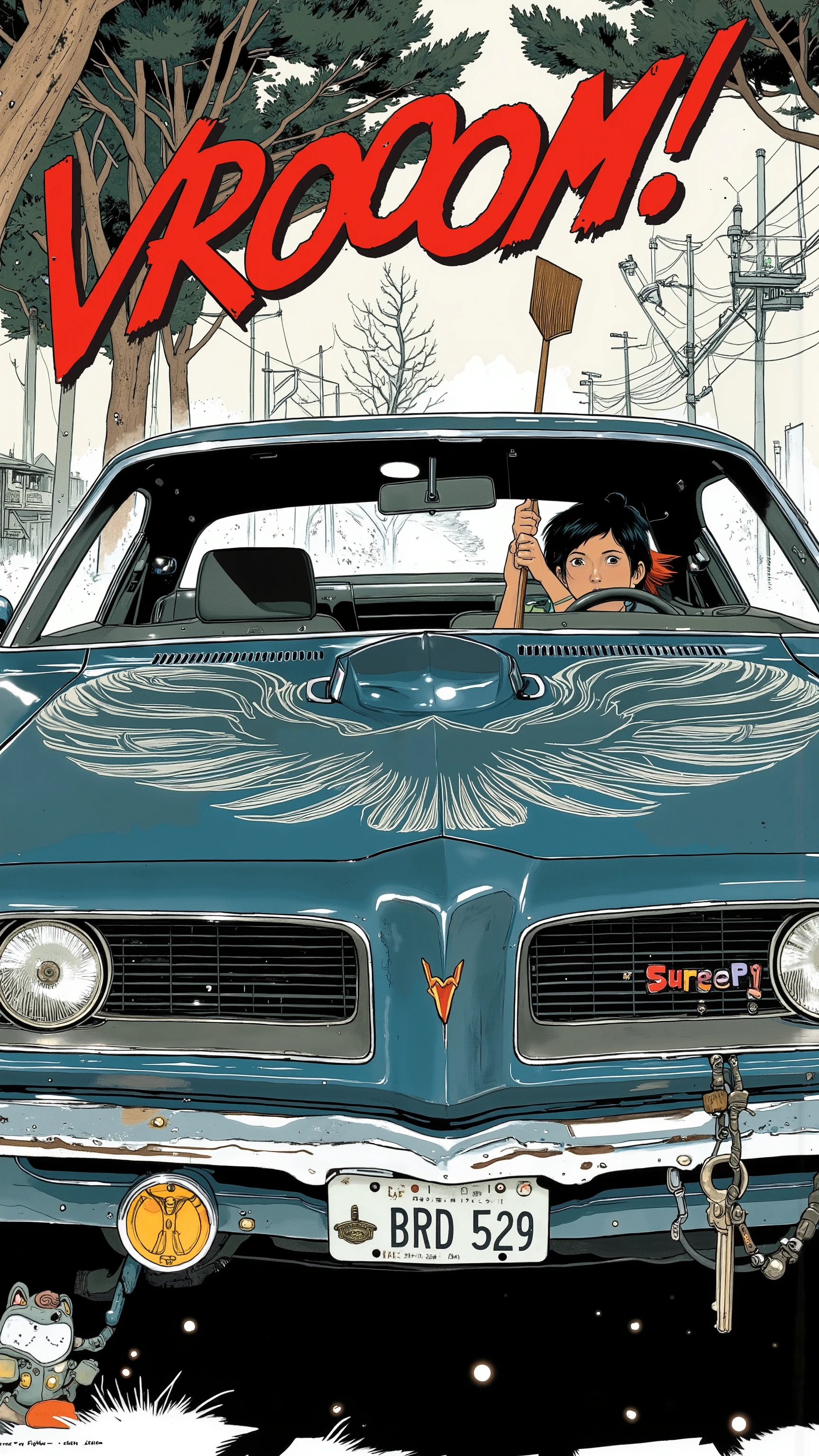 Sleek Design, Equipment, Reminiscent of Pontiac Firebird Trans Am, of fog lights. car, sense of speed on that front grille, fog lights depicts, Strong presence. Manga-specific, Vintage Pontiac Firebird Trans Am、 expresses the thrill and anxiety, chrome decoration, クラシックな自動carデザインを物語っている. an Illinois license plate "BRD 529." Superior,   bold text   "VROOOM" along with those keys. car内ビューには 2 人のキャラクターが描かれている, seat belts with dynamic lines that accentuate the front to evoke the roar of the engine, screaming "amazing!!" in excitement. passenger, a young woman with bright hair, broom, Arouse the roar of the engine, A key sound that seems surprising Shelby holding. 下のシーンは回転するcar輪に焦点を当てている,This image、captures the, excitement,  Nostalgic charm , The manga-specific.