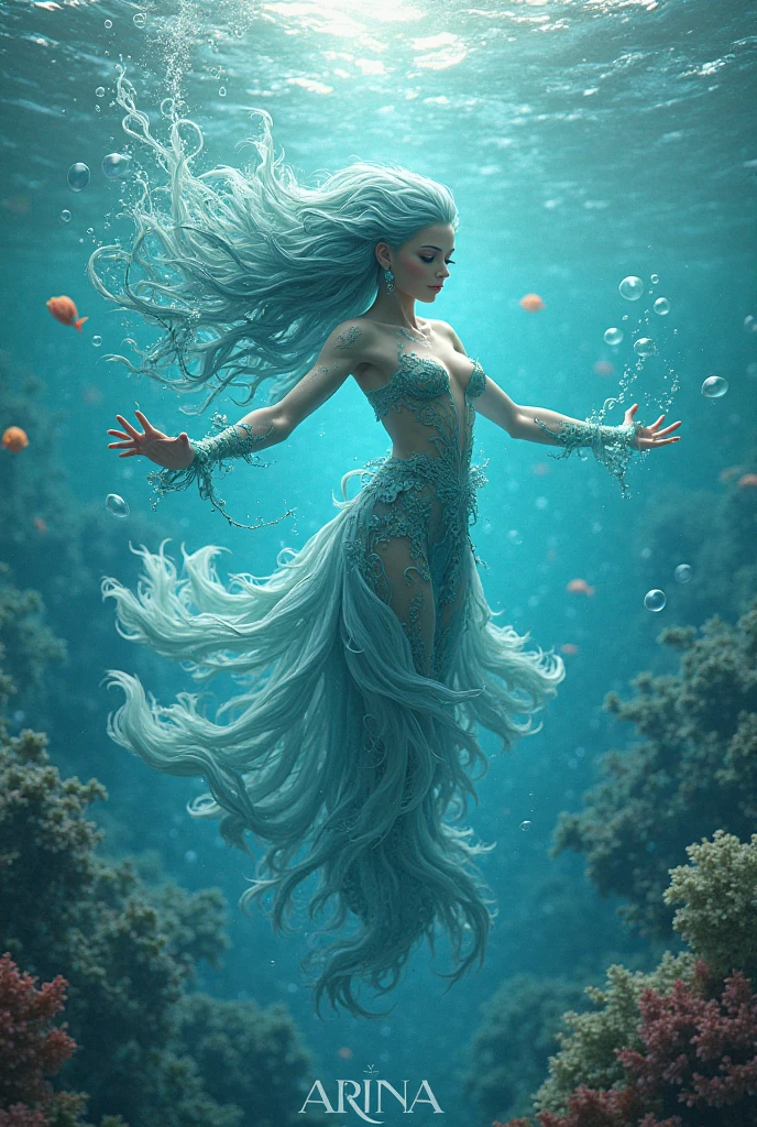 Crie uma imagem de (Yemanja) com seios fartos e usando um vestido azul e longos cabelos pretos,  com enfeites de peixes e conchas, since it is the queen of the sea with blank details, o azul-claro, o verde e o prateado. She holds a silver mirror in her hands, the tool of Yemanja. Walking on the waters of the sea, sol se pondo ao fundo, volumeric lighting, water droplets in the atmosphere reflecting the colors of the rainbow, Image with a frame of multicolored orchids. Image with resolution of at least 300dpi, realista, 8k, UHD,