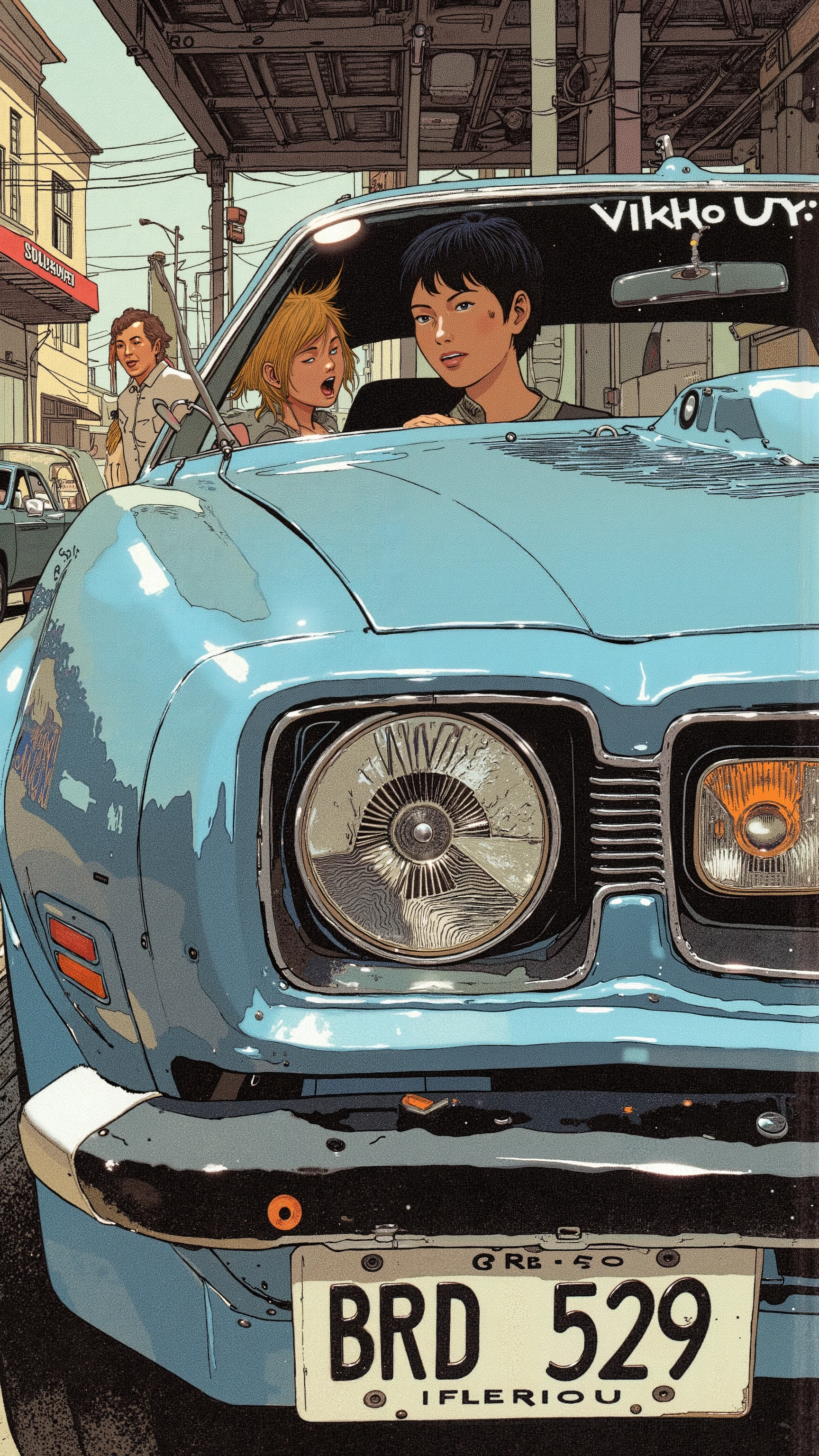 Sleek Design, Equipment, Reminiscent of Pontiac Firebird Trans Am, of fog lights. car, sense of speed on that front grille, fog lights depicts, Strong presence. Manga-specific, Vintage Pontiac Firebird Trans Am、 expresses the thrill and anxiety, chrome decoration, クラシックな自動carデザインを物語っている. an Illinois license plate "BRD 529." Superior, bold text "VROOOM" along with those keys. car内ビューには 2 人のキャラクターが描かれている, seat belts with dynamic lines that accentuate the front to evoke the roar of the engine, screaming "amazing!!" in excitement. passenger, a young woman with bright hair, broom, Arouse the roar of the engine, A key sound that seems surprising Shelby holding. 下のシーンは回転するcar輪に焦点を当てている,This image、captures the, excitement, Nostalgic charm , The manga-specific.