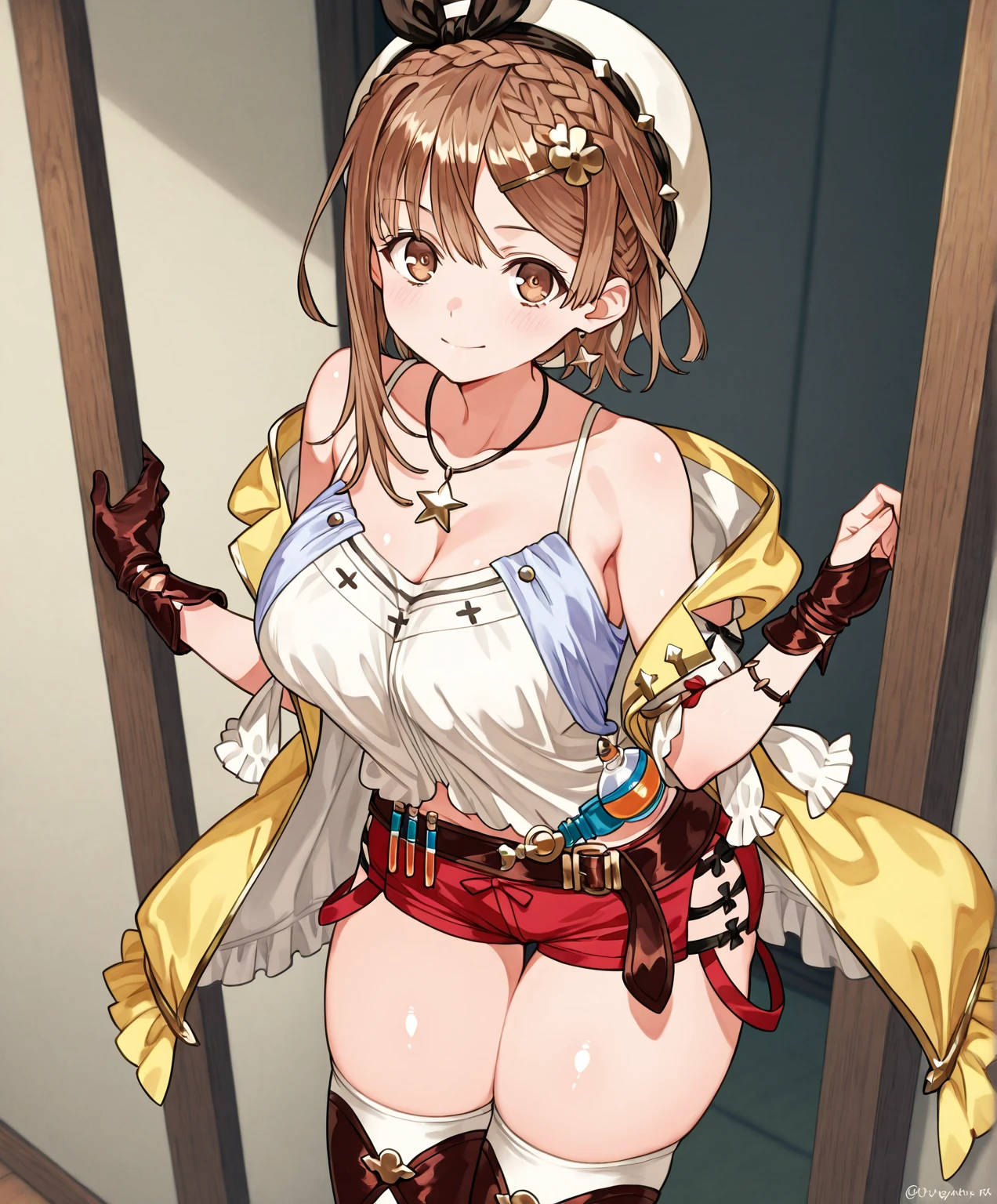 (masutepiece、Best Quality)、Liza、1girl in、Brown hair、Brown eyes、Short hair、Open bra、Beautiful eyes、Well-formed face、very large udder、Too big、Lace bra with black ruffles、Black bra shoulder straps、Black lace panties、Big and beautiful nipples、Beautiful areola、beauty legs、a room、is standing、emphasizing breasts、blushed face、Figure-eight eyebrows、Moist eyes、Seduce a man、shame、