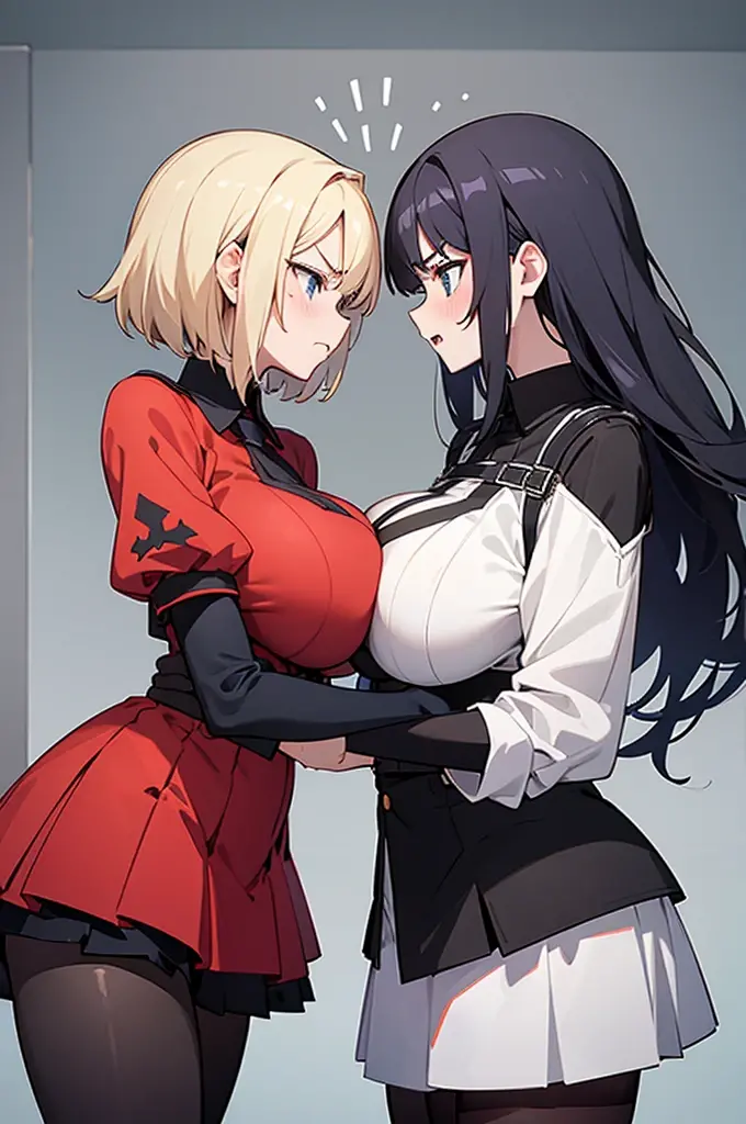 two girls with big boobs pressing their boobs against each other, short skirt with black pantyhose, angry at each other, facing each other