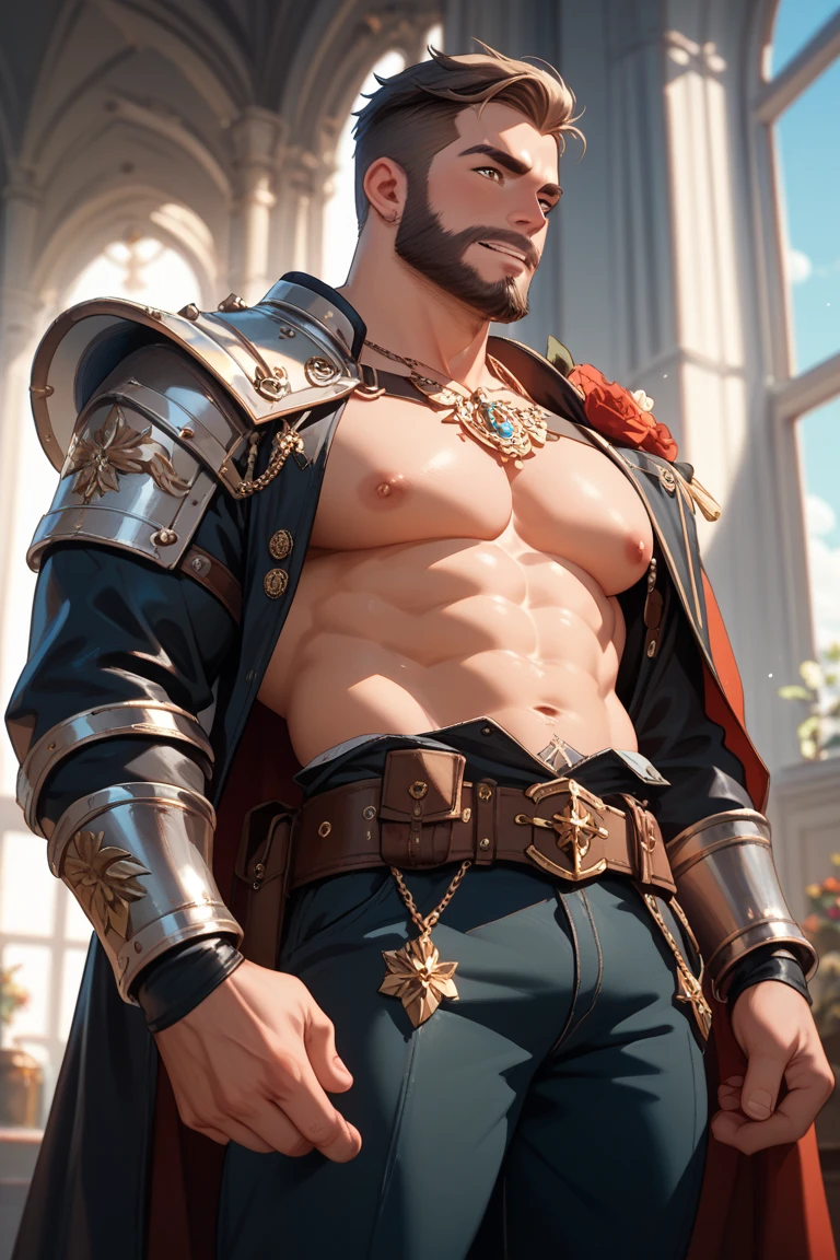 prince charming shirtless but wearing a royal coat with frills on his shoulder pads with no pants on but wearing a small thick red mesh jockstrap with VPL with hairy legs and hairy chest with detailed face with clean lines leaning bent over with big massive rear end backside in a royal castle background