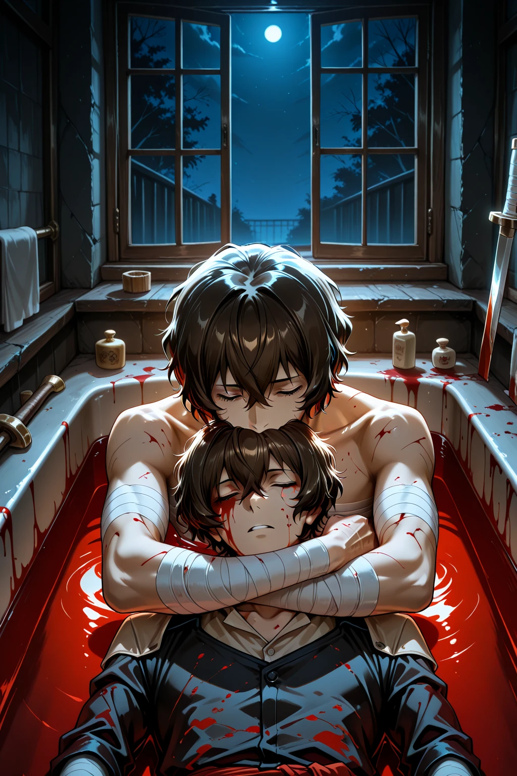 (8K, hight resolution, ultra-detailliert), anime boy taking a bath in a bathtub with rose petals, wet body, bathtub, bubble bath, high quality fanart, bath, Beast, at pixiv, official fanart, pixiv, detailed fanart, relaxing, levi ackerman, in bathroom, relaxing environment, relaxing mood, by Shingei, anime asthetic, relaxing concept art, wet anime boy, with rose petals in the bathtub, beautiful atmosphere, hot anime boy, cute beautiful man, wet body, green eyes, black hair