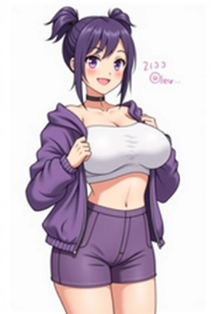 masterpiece, best quality, looking at viewer, upper body, portrait, looking at viewer, seductive smile, put your hands behind your head, armpits, armpits visible, sweaty armpits, Yoruichi Shihouin, very large breasts, purple hair, wearing black croptop , no bra, ponytail, brown skin