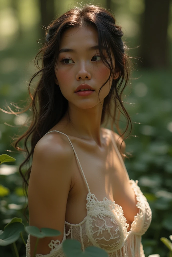 Slow deep-processes Quality Images focused, Follow ai Top 5-stars rating 97-99:Score-Criteria, seduction sexy Model body posture, relaxing persuasive attitude,
1st priority breasts(D40)-Shape-components-structure-focused, Elegant impression on the chests nipples, Evidence of sexy features,
2nd priority face-components,
3rd priority resources on Eye-iris-pupil,
4th priority extreme-thinning-epidermis transparent clothing,
Low priority and low qualities on others objects,
D40-24-35 firmed body, natural young breast-D40 drop-shape, nice big areola shadow, breasts clear shape , height-175cm weight-58kg,
Long Hair Hazel Gold light-brown, rich Body Quality, 1girl, Solo,
bright round wide big eye x1.08, detailed eye, high quality moist eye, large clear pupil , Light-turquoise-blue-lighting high definition eyes, big-light-glowing-eye,
Body arouse blush tighten, face blush, anglic glow skin, high Dopamine hypersexuality,
pure bright-color-white dress - epidermis see-through fabric - transparent, young 16 year old, no face wrinkle , natural balanced tight v-face , ulthera sharp shape face, thin asean lip, happy-shy-smile,
Sky Cloud Background, Forest-yellow-Orange-autumn, wide perspective, angel glow fairy atmosphere, late afternoon sun light 45 degree, strong Sidelighting , dry windy,
bokeh swirl background, look at camera, front face focused, Looking stare to viewer, half body down to hip image,Depth Of Field,,
