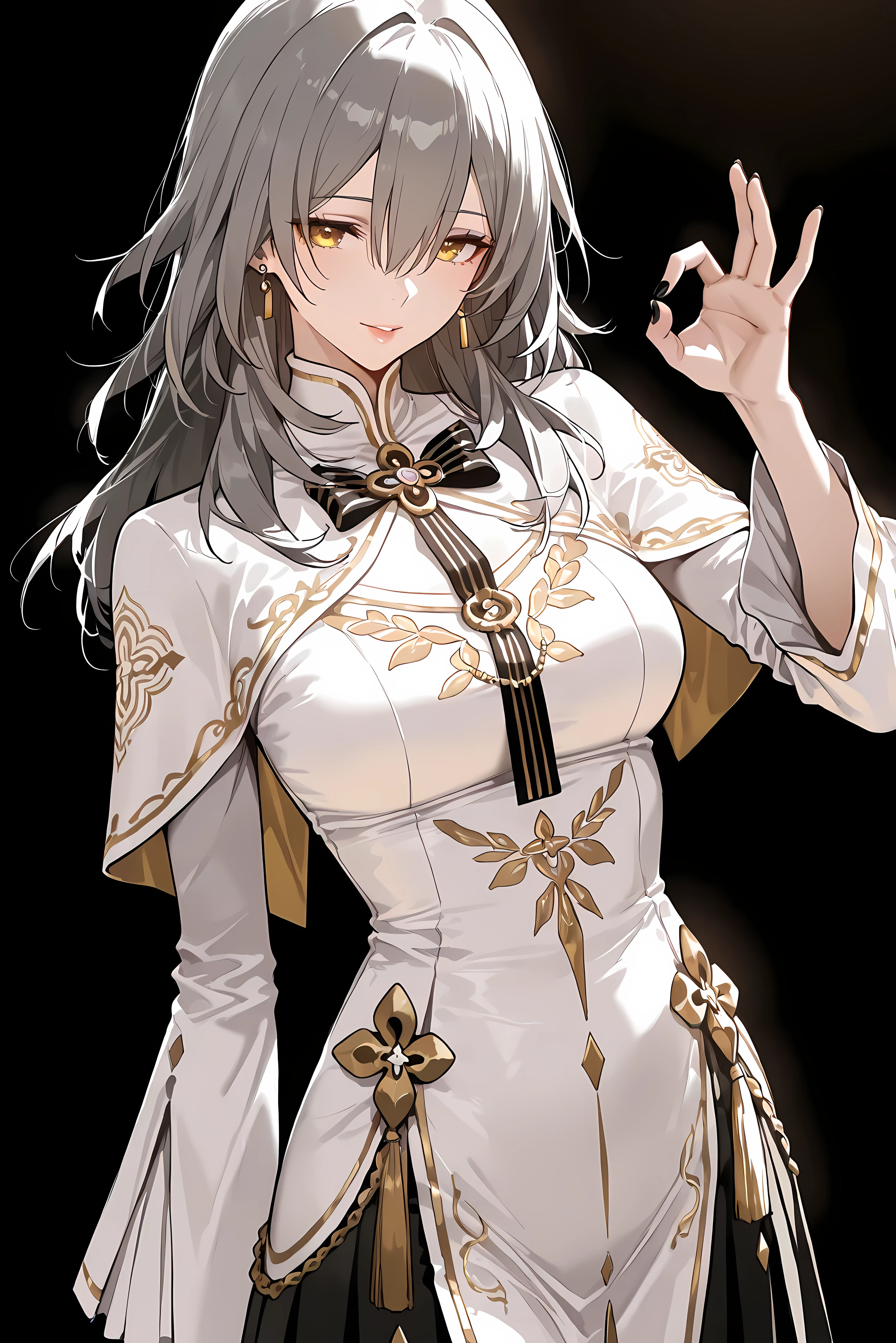 score_9, score_8_up, score_7_up, masterpiece, best quality, very aesthetic, absurdres, tunning image, attractive image, solo, 1girl, adult grown woman, stelle (honkai: star rail), grey hair, bangs, hair between eyes, long hair, yellow eyes, masterpiece,best quality,amazing quality, ero404, 5 fingers, black nails, lips, alternate costume, ceremonial priestess outfit, monochrome, diamond-pattern pleats, regal embroidery, capelet sleeves, striped bowtie, high collar, gold accents, geometric symmetry, ornate trim, solemn, gothic flair, religious formalwear, stage costume, amulet brooch, minimal color palette. simple background, black background, cowboy shot, fellatio gesture, fingers around tongue,