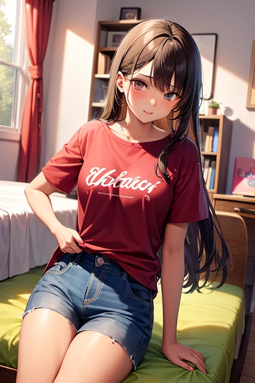 best quality, 1girl, masterpiece ultra detailed, illustration, yang guifei, glossy lips, indoors, standing, (short shorts, v-neck t-shirt), light smile, looking back at viewer