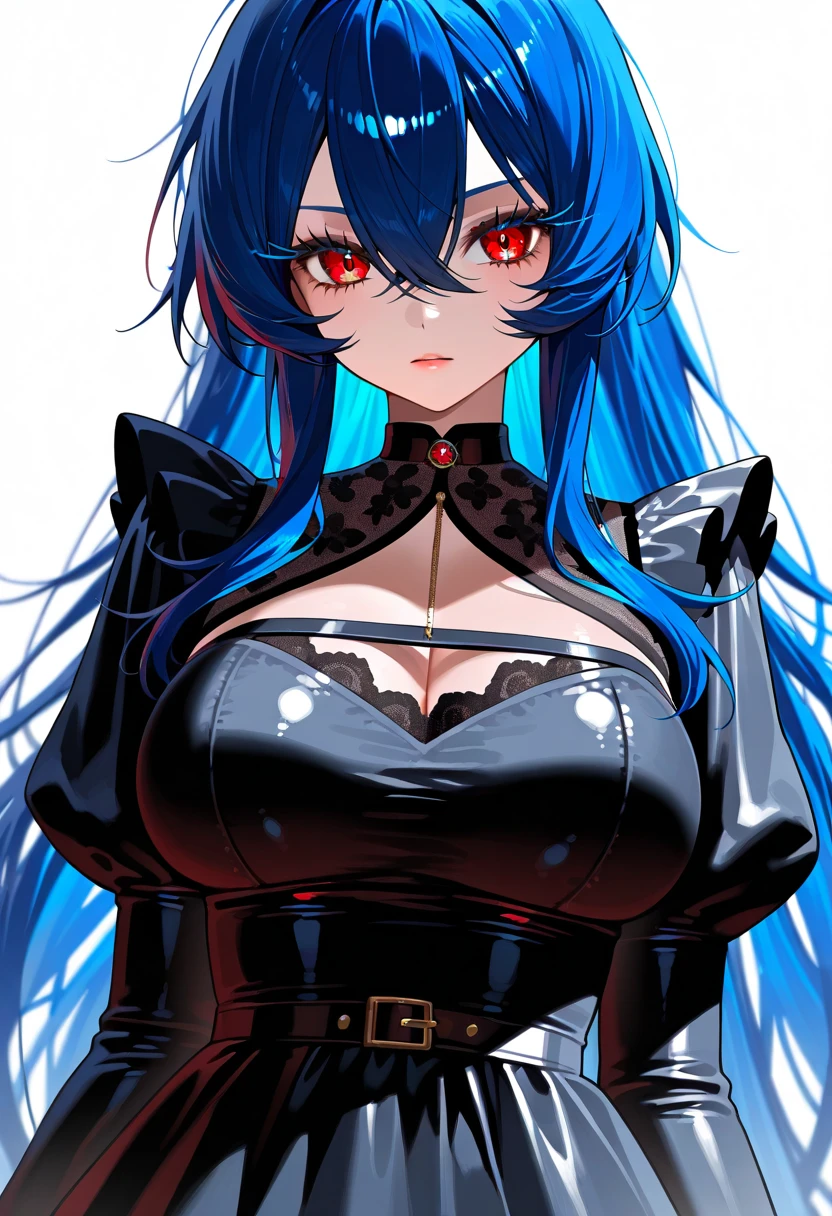 Long Hair,Blue Hair,Straight Hair, (Hair on one eye:0.8),Big Breasts,Bodysuits,Shiny skin,Black Background