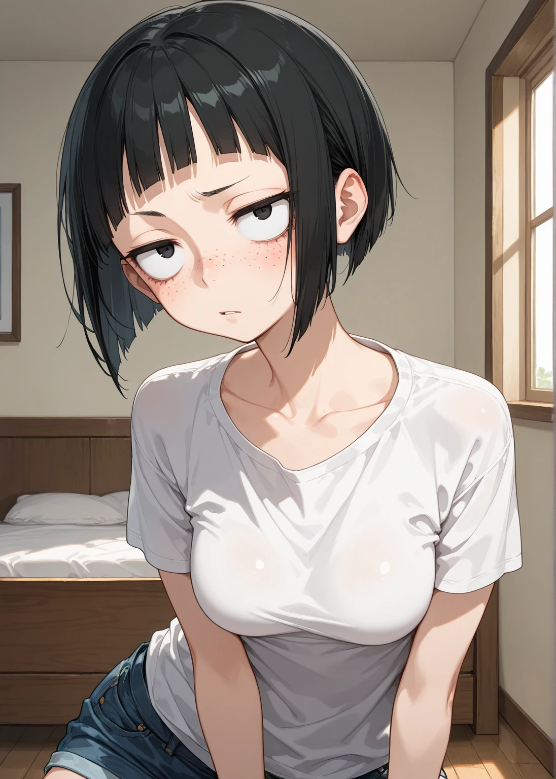 1.Woman in pink polo shirt, short sleeves, cute, bright eyes, black hair, short hair, naked, small breasts, black eyes, open mouth, embarrassed, cute nipples, shirt pulled up