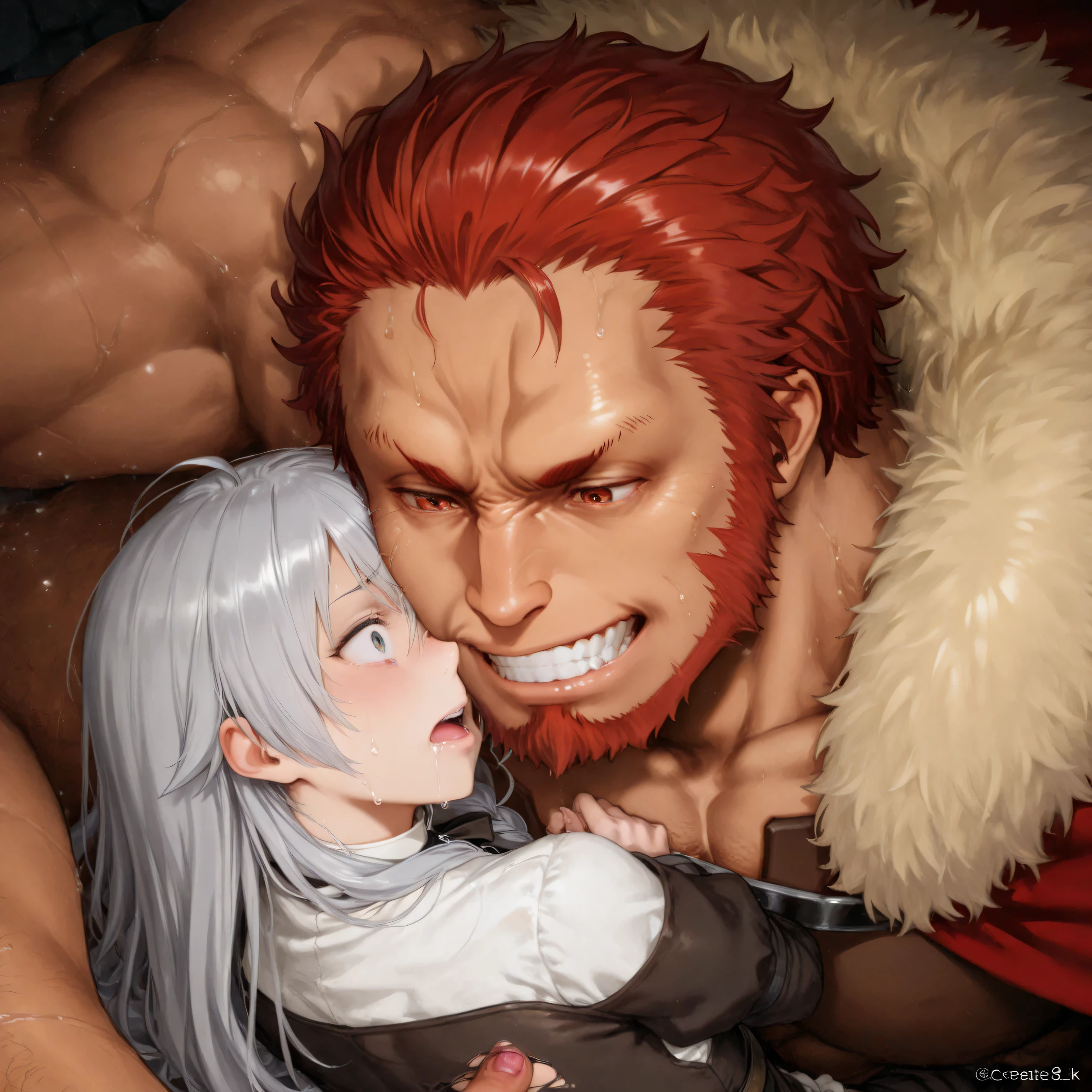 (Mushoku Tensei) Zenith Greyrat is raped by Iskandar, her clothes are torn because of fear and shock,gnashing his teeth from the painful face, Create an 8k ultra-realistic scene