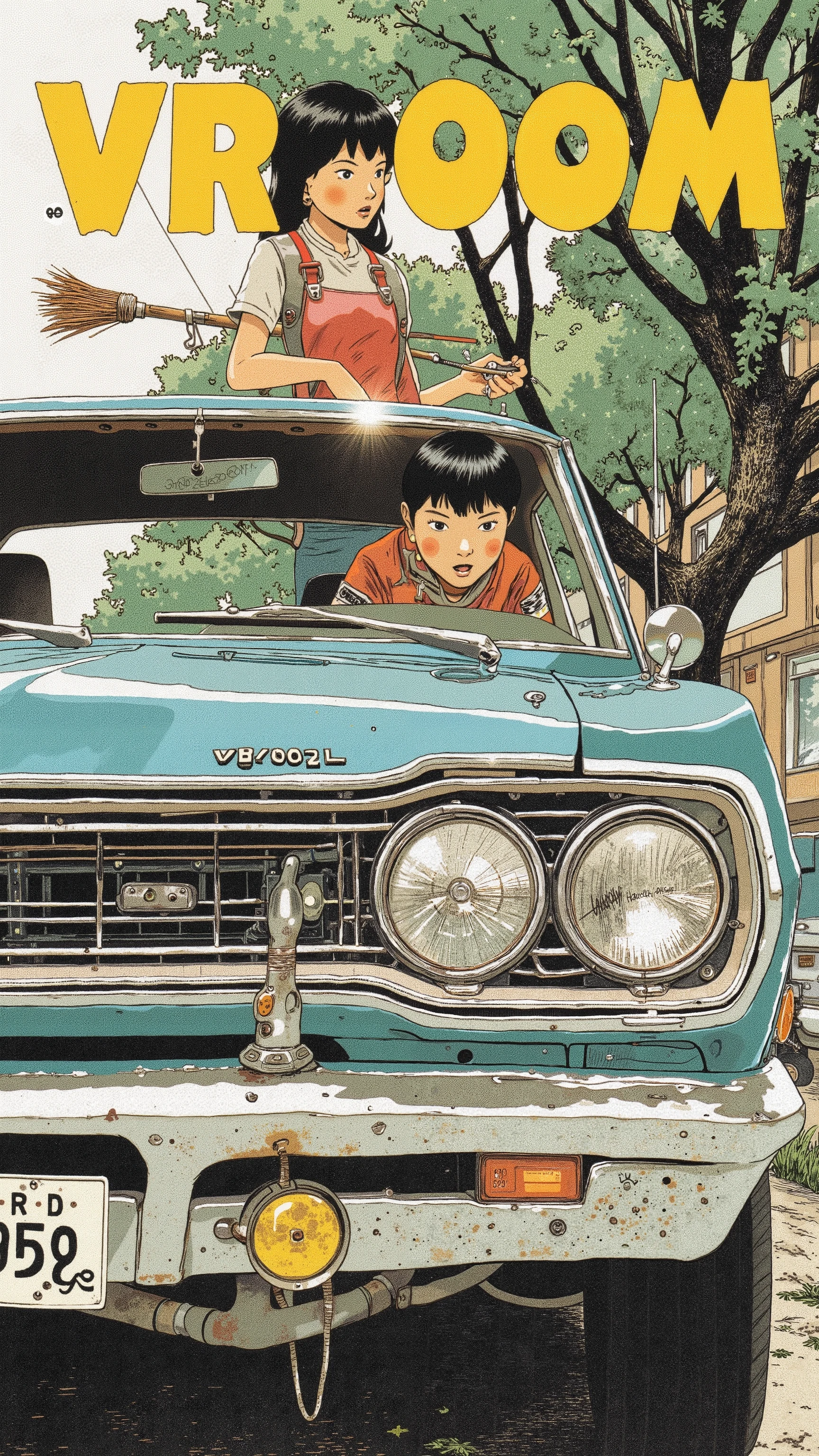 Sleek Design, Equipment, Reminiscent of Primus Roadrunner, of fog lights. car, sense of speed on that front grille, fog lights depicts, Strong presence. Manga-specific, Vintage Primus Roadrunner、 expresses the thrill and anxiety, chrome decoration, クラシックな自動carデザインを物語っている. an Illinois license plate "BRD 529." Superior,   bold text   "VROOOM" along with those keys. car内ビューには 2 人のキャラクターが描かれている, seat belts with dynamic lines that accentuate the front to evoke the roar of the engine, screaming "amazing!!" in excitement. passenger, a young woman with bright hair, broom, Arouse the roar of the engine, A key sound that seems surprising Shelby holding. 下のシーンは回転するcar輪に焦点を当てている,This image、captures the, excitement,  Nostalgic charm , The manga-specific.