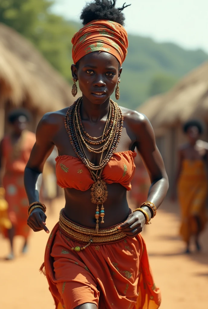 90 year old African woman, torso covered, with red shawl, stooped, braided greying black hair, smiling, very few teeth, intelligent eyes, traditional kalahari shawl, long skirt, bare arms, wrinkled, beads, African village huts behind, flat desert, bushes, cloudless sky