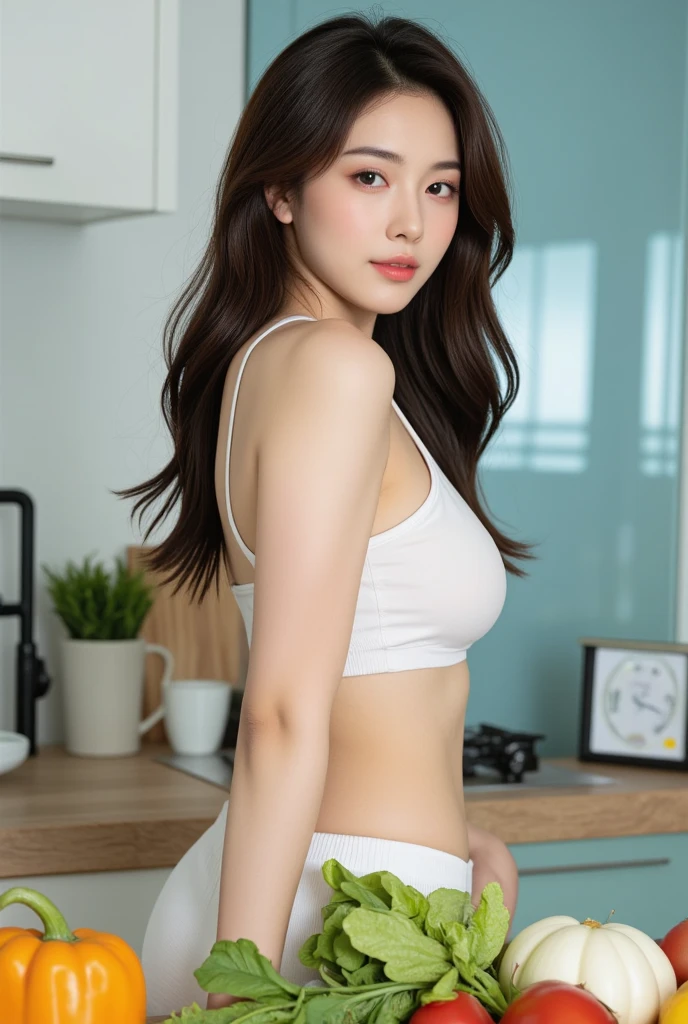 A red-haired girl wearing a short-sleeved white shirt and white panties was boiling water in the kitchen.,Hands behind your back.,realistically,realistic,