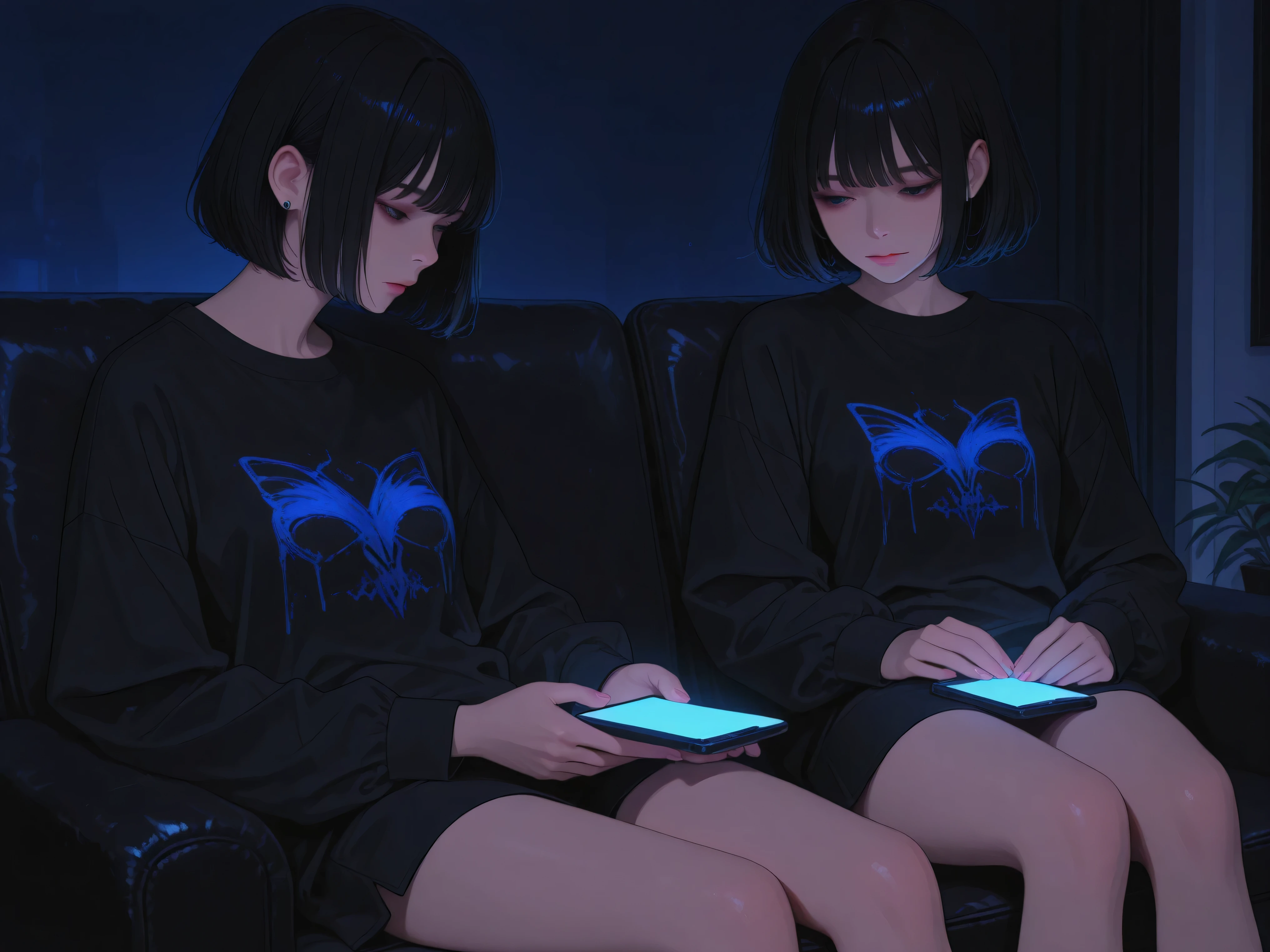 girls,black hair,short hair,Gal, buka buka shirt ,black clothes,Indoor,dark atmosphere,mobile phone,Blue Light,sitting on a chair,relaxing,High Quality,Realistic,4K rendering,professional,concept art,digital painting,Intense colors,dark tone,deep focus