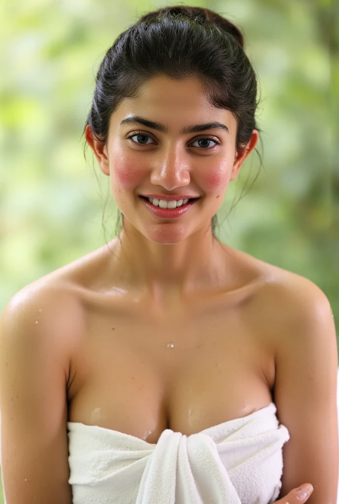 Ultra photorealistic, standing in bathroom, 19 year old Pakistani Woman, nude, topless, wet skin, natural skin, small breasts, full frontal pose, slim body, beautiful face, shaved pubic hair, looks like Jessica Alba, sexy pose, smile, perfect teeth