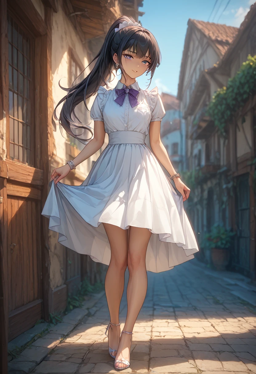 ((((Masterpiece)))), (((Highest Quality))), ((Super Detail)), ((Ultra Detailed)), (Illustration), ((Very Delicate and Beautiful)),(Bokeh,Blurry Background),(Best Shadow),1 Girl, Cute, dark-haired, puddles forming on the road after rain. In the puddles, the sky, clouds, and buildings are reflected. The girl does not have an umbrella or, even if she does, it is closed. The girl is running towards or jumping in a puddle. The girl is smiling happily or playing. The girl's clothes and shoes are wet or about to get wet. Shine Eye highlight spots, character focus, head tilt