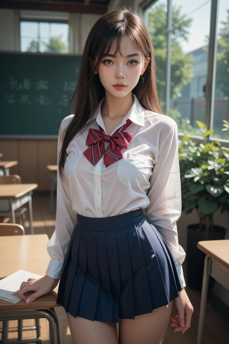 ultra-detailed,highly detailed,best quality,masterpiece,illustration,realistic,
eva school unifrom, 1girl, solo, tokyo-3 middle school uniform,
shirt, short sleeves, suspender skirt, neck ribbon,loafers,
thighhighs,
very long hair, parted bangs,
holding skirt,
indoors, classroom,
<lora:eva school unifrom_v1_01:0.7>