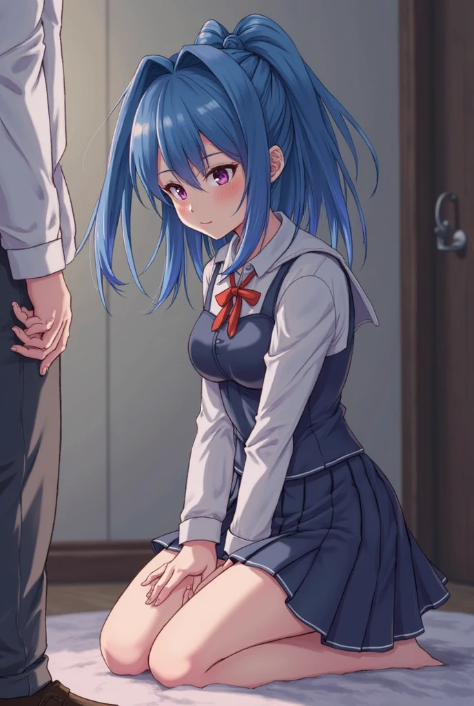 masterpiece, best quality, ultra-high-detailed,  holding hands, 1girl, 1boy, cowgirl position, sex, vaginal, girl on top, pov, straddling,  kazami kazuki, silver hair, long hair, purple eyes, school uniform, black bow