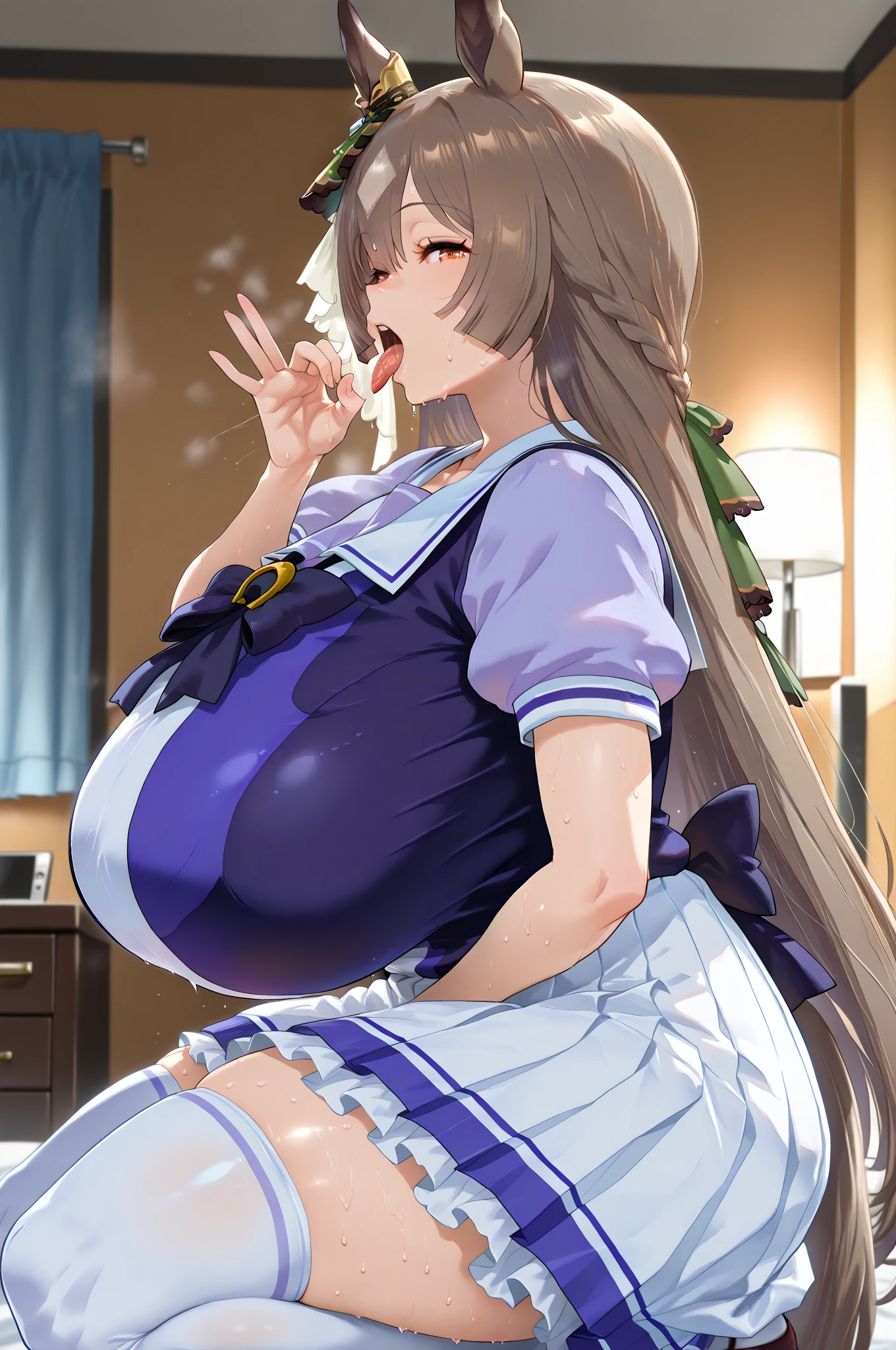 tmasterpiece，best qualtiy，hyper HD，Top resolution，high detal，anime big breast，Wet body，Milk flows from the breast，Wear restraints，gigantic cleavage breasts，pregnant belly，pregnant women with，long whitr hair，brunette color hair，（tmasterpiece）），（best qualityer），gigantic cleavage breasts，SFW，White fluid on the body