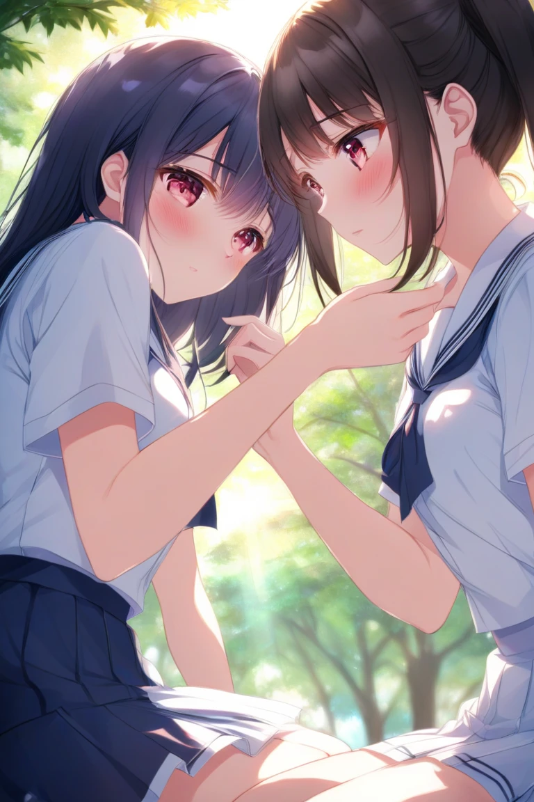 Highest quality、High resolution、Detailed Background、(Beautiful face in every detail:1.4)、Anatomically correct、(Normal number of fingers:1.2)、Detailed eyes、Teenage beauty、Highly detailed face、Perfect body line、Light color hair、Bobcut、Braided Ponytail、Braided twin tails、well-groomed eyebrows、Natural beauty、Excited、(Under the night sky:1.2)、A fun atmosphere、Cowboy Shot、(Two girls searching for and observing fireflies:1.5)、
The girl's eyes sparkle、The small hand points to the surface of the river、My friend and I are following the glow of fireflies through the bushes.、
While calling out to each other, they searched carefully through the grass.、The light of fireflies appearing one by one from among the bushes、
Using the light of a flashlight, I approached quietly and observed、The girls are fascinated by the fireflies that shine so hard with their small bodies.、
Friends watching fireflies through a magnifying glass and drawing pictures in a sketchbook、Open the illustrated book and discuss the types of fireflies and their ecology.、
Incorporate bright colored tops and reflective materials instead of just black or navy blue、T-shirts, shorts, etc.、Black leggings、sandals、Insect repellent spray、flashlight、drink、towel、Insect netting、Keep the flashlight light low、magnifying glass、Illustrated Book、Wonderful summer memories、cute