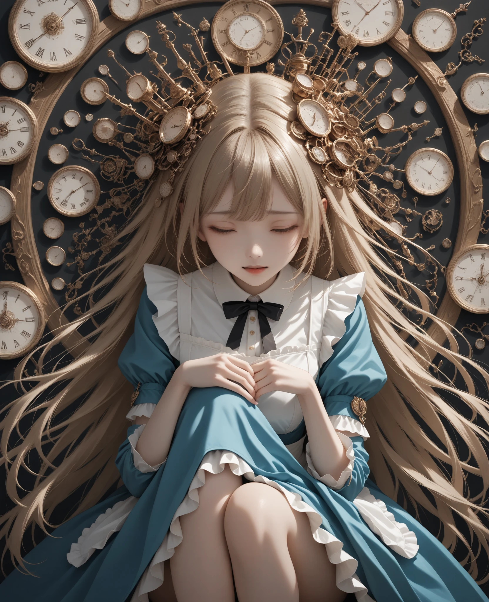 Picture quality:High detail masterpiece 8K high resolution body content:1 girl 8 year old doll girl,wide wide shot,in a panoramic view,Wear a loli suit,Moe doll assures,Suspicious Expression Background:Classical clock environment:Mysterious shimmer,It has a magical touch atmosphere,Hopeful,Endless coercion,A sense of mystery, lamplight:Technical beams,Magic beam,The fantasy of the futuristic world is intertwined with reality color:Infused with ethereal hues and spooky shades,blue green,High purity color, composition:Wide angle composition,Spell composition,The character is in the center,Bird's eye view style reference:afofuturism,Dynamic complexity,sci-fy