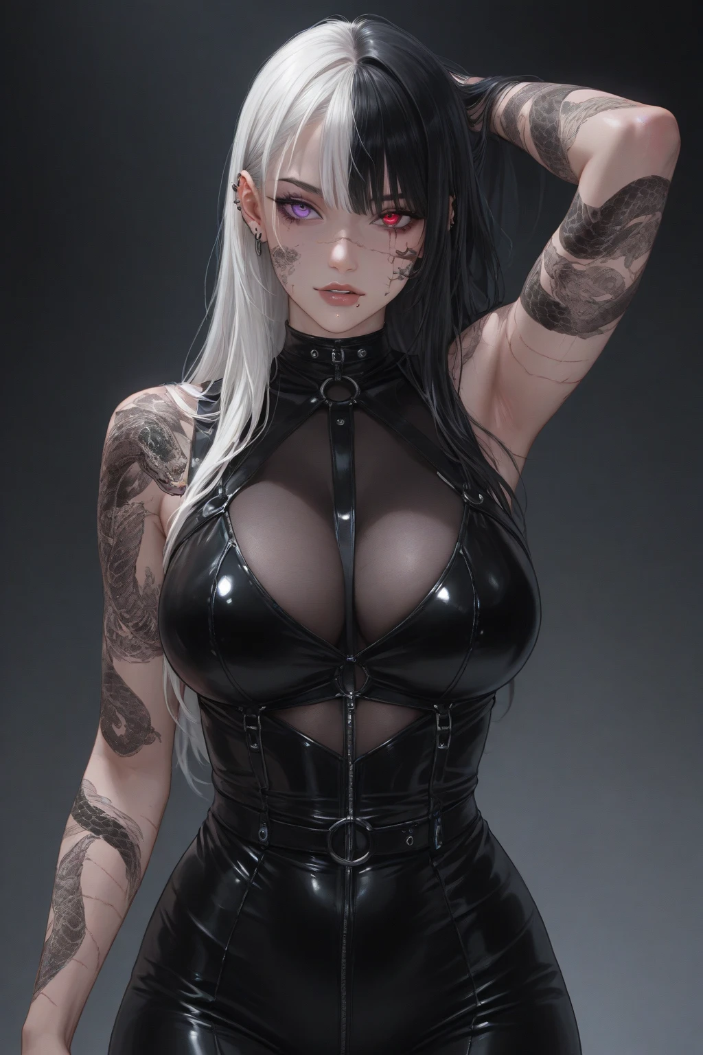 a cartoon image of a woman with white hair and tattoos, ahegao, ahegao face, anime monster girl, anime character; full body art, biomechanical oppai, seductive anime girl, a very beautiful berserker woman, splash art anime , detailed anime artwork, scales covering her chest, , top rated on pixiv