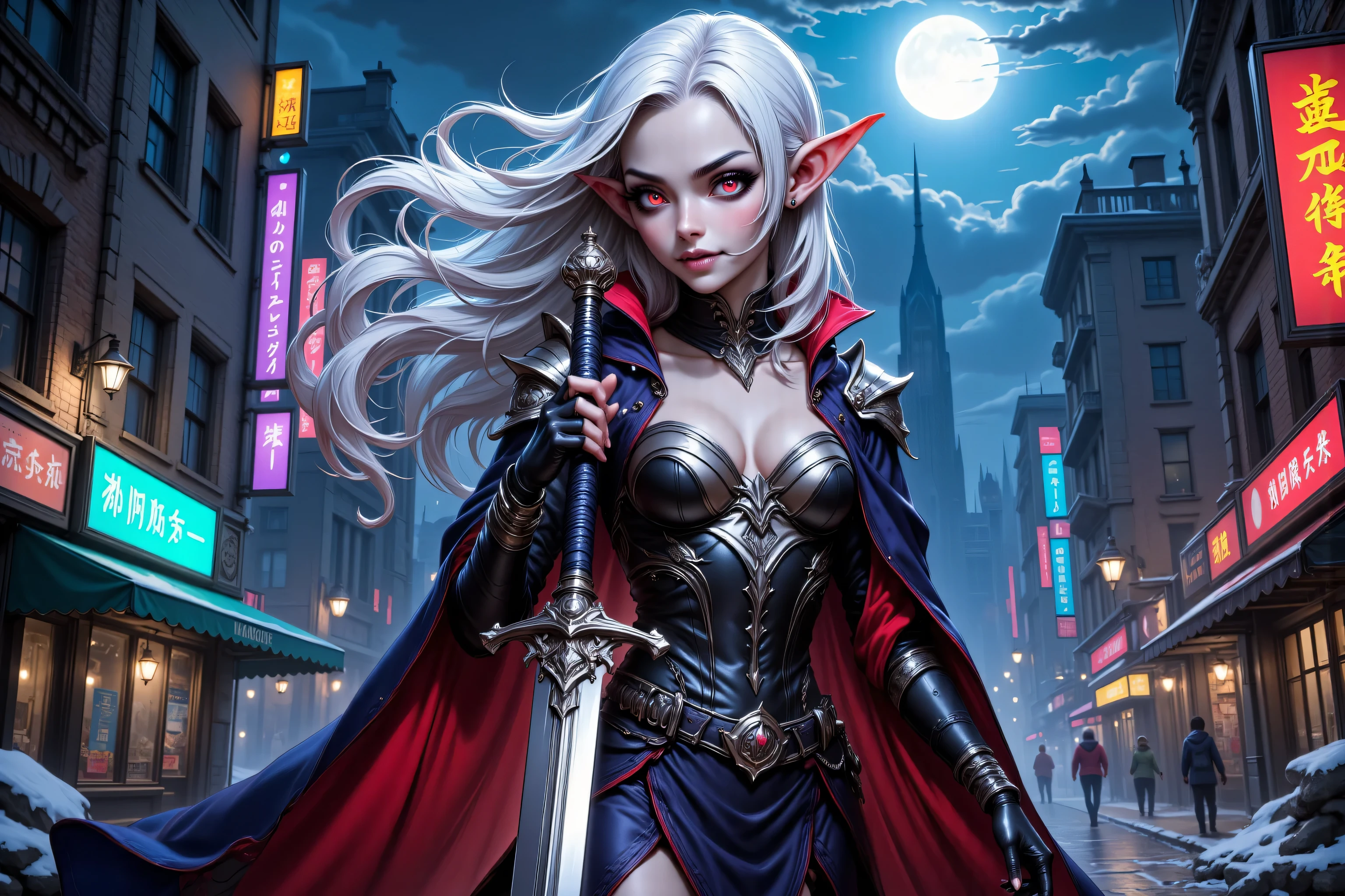 Arafed, dark fantasy art, gothic art, a picturק of a vampire ready for battle, female vampire, armed with a sword, wearing heavy armor , armed with a sword, shining sword, ultra detailed face (intricate detailed, Masterpiece, best quality: 1.4), pale skin, glowing eyes, red eyes, ultra feminine, pale skin, dynamic hair, dark fantasy urban street (intricate detailed, Masterpiece, best quality: 1.4), moon light, star light, clouds, armored_dress, watercolor
