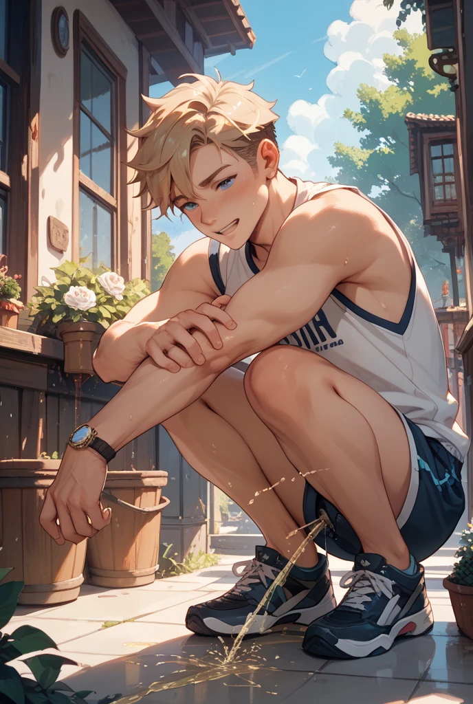 1boy, sleeveless,teenage,sitting on ground,bulge