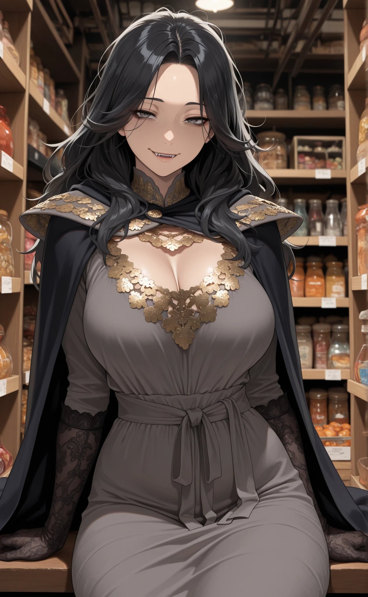 "Create an image of Elara Thorne, a human female merchant with dark hair and green eyes, dressed in elegant merchant attire. She stands in a busy marketplace, surrounded by exotic goods from distant lands. Her expression is confident and shrewd, hinting at her secret life as a smuggler."